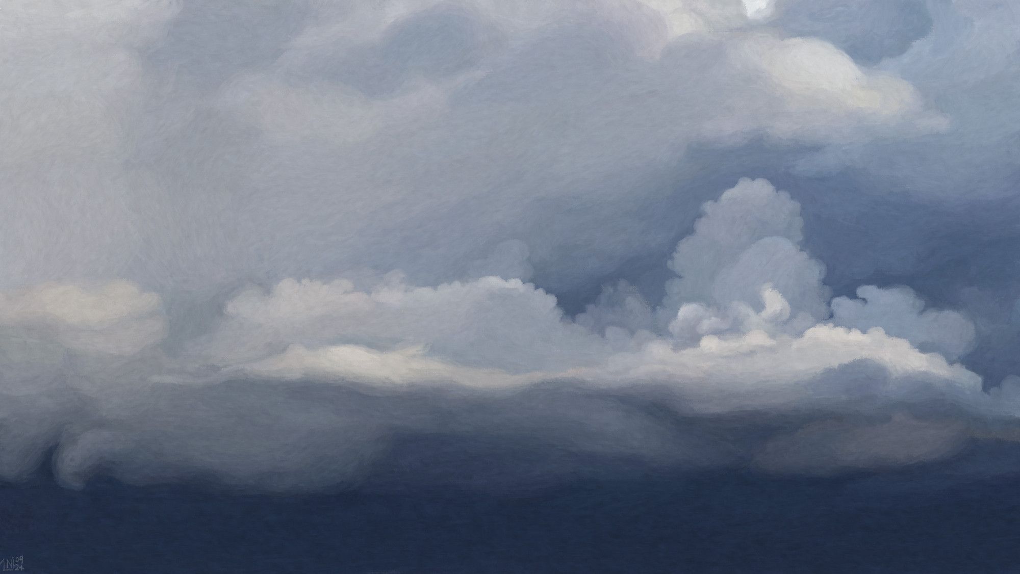 Digital painting of a cloudy sky, horizontally split in two. At the top, a lighter grey, some relief and some smoother parts as well. Underneath a clear cut, the clouds a dark blue-grey.