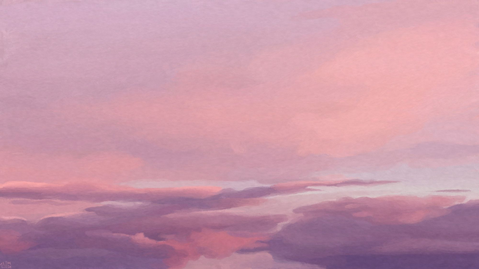 Digital painting of a pale pink sunrise sky, with lilac clouds gathered at the bottom of the frame, also catching the pink light.