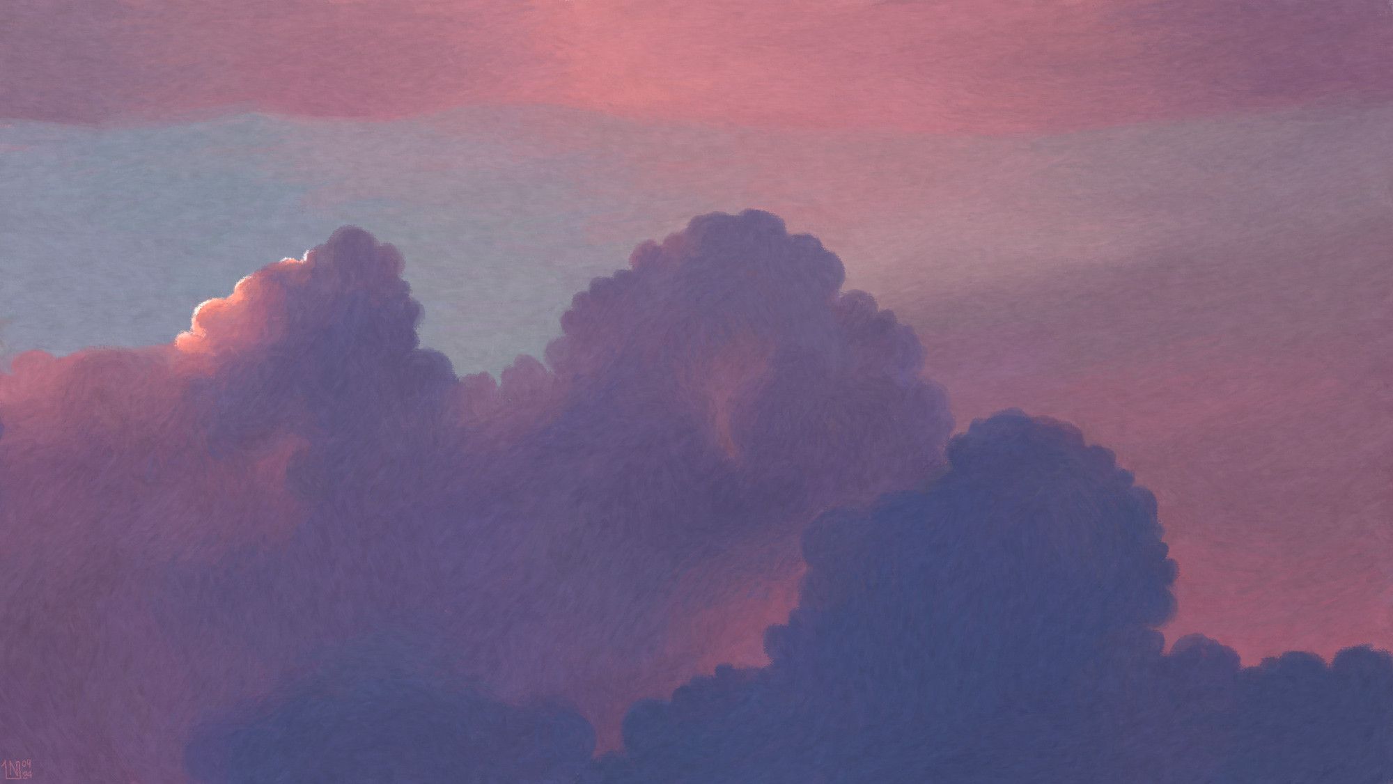 Digital painting of a sunset sky, pastel blues and pinks with tall purple and dark blue clouds in the foreground. One of them catches a bit of sunlight from the side.