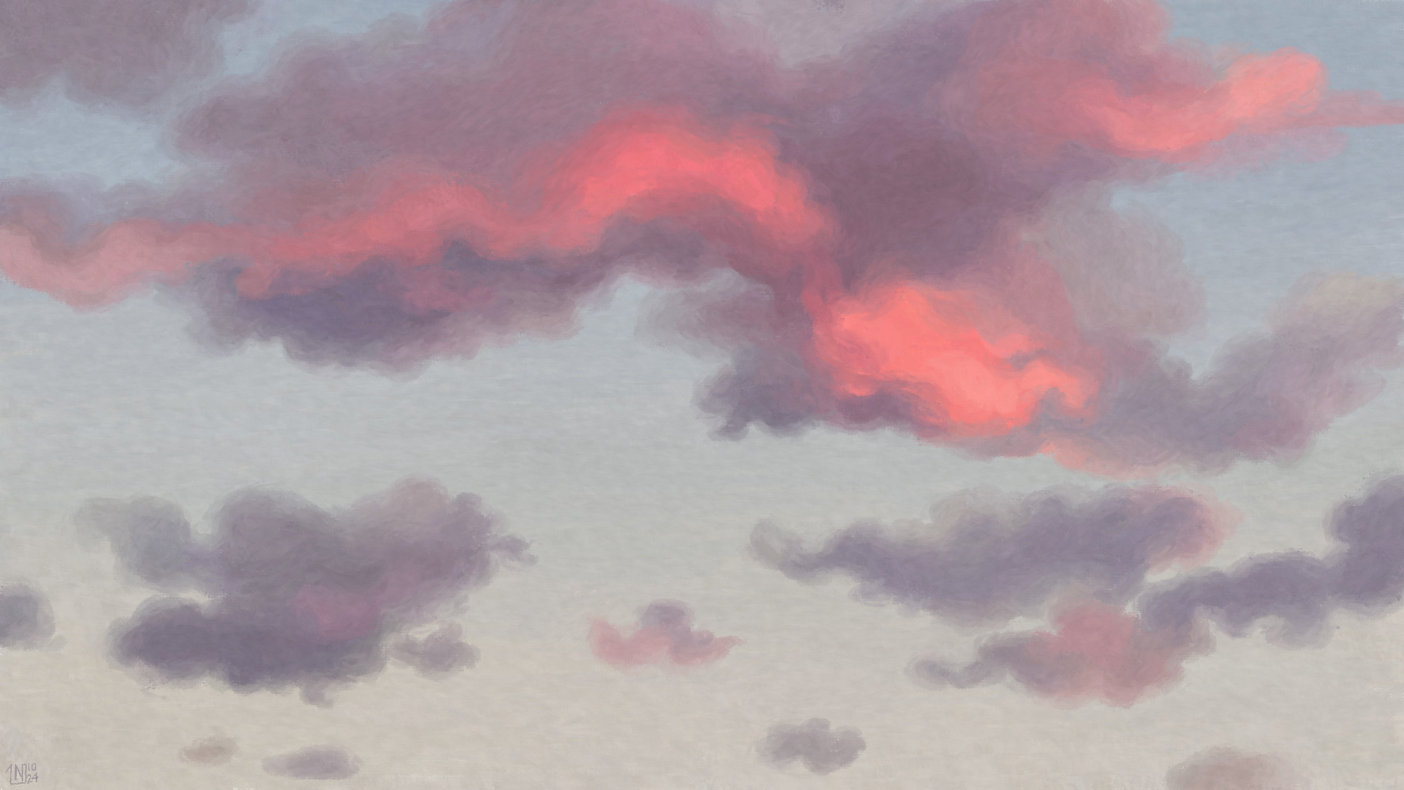 Digital painting of a sunset sky, a washed out gradient of pale blue, with purple-grey straggly clouds. Each of them wear highlights of pink sunshine.