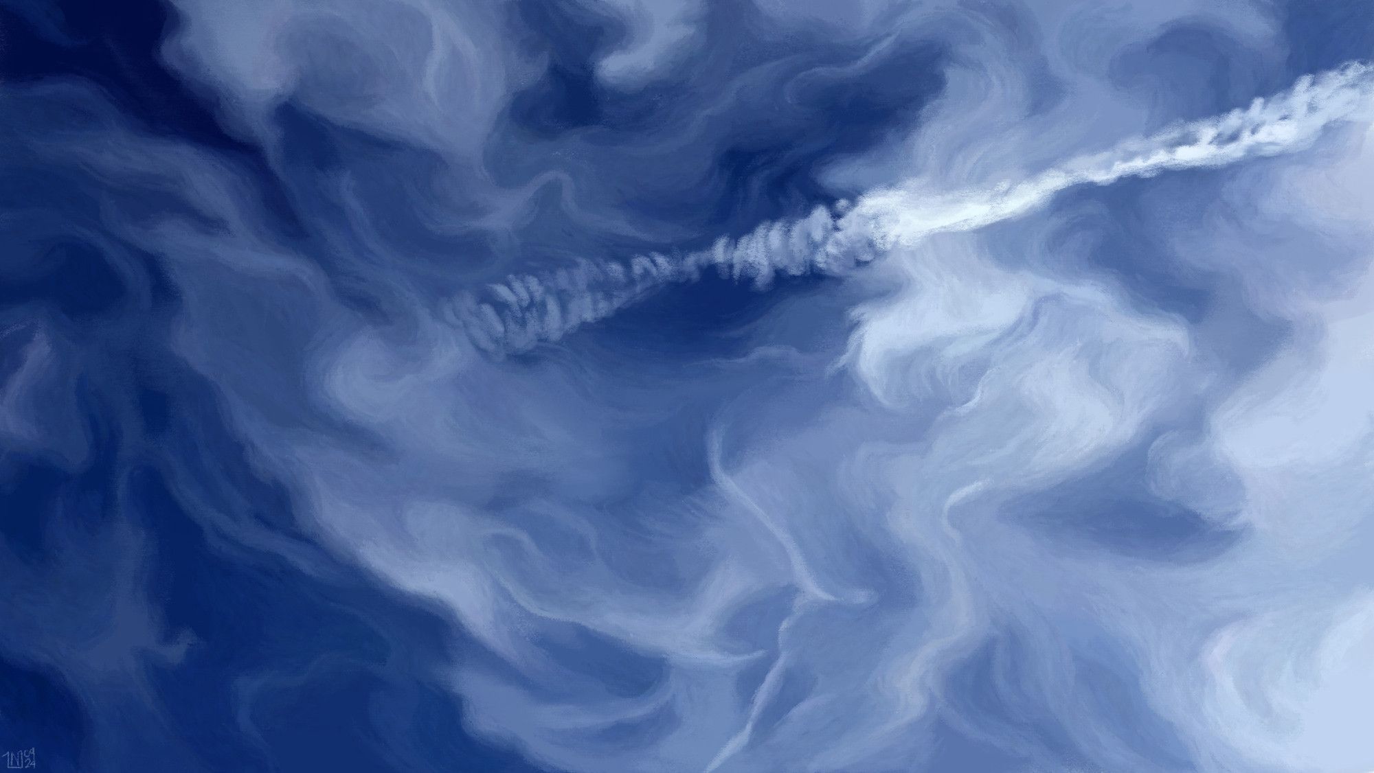 Digital painting of a bright blue sky filled with wispy, intricate cirrus, and a vanishing contrail.