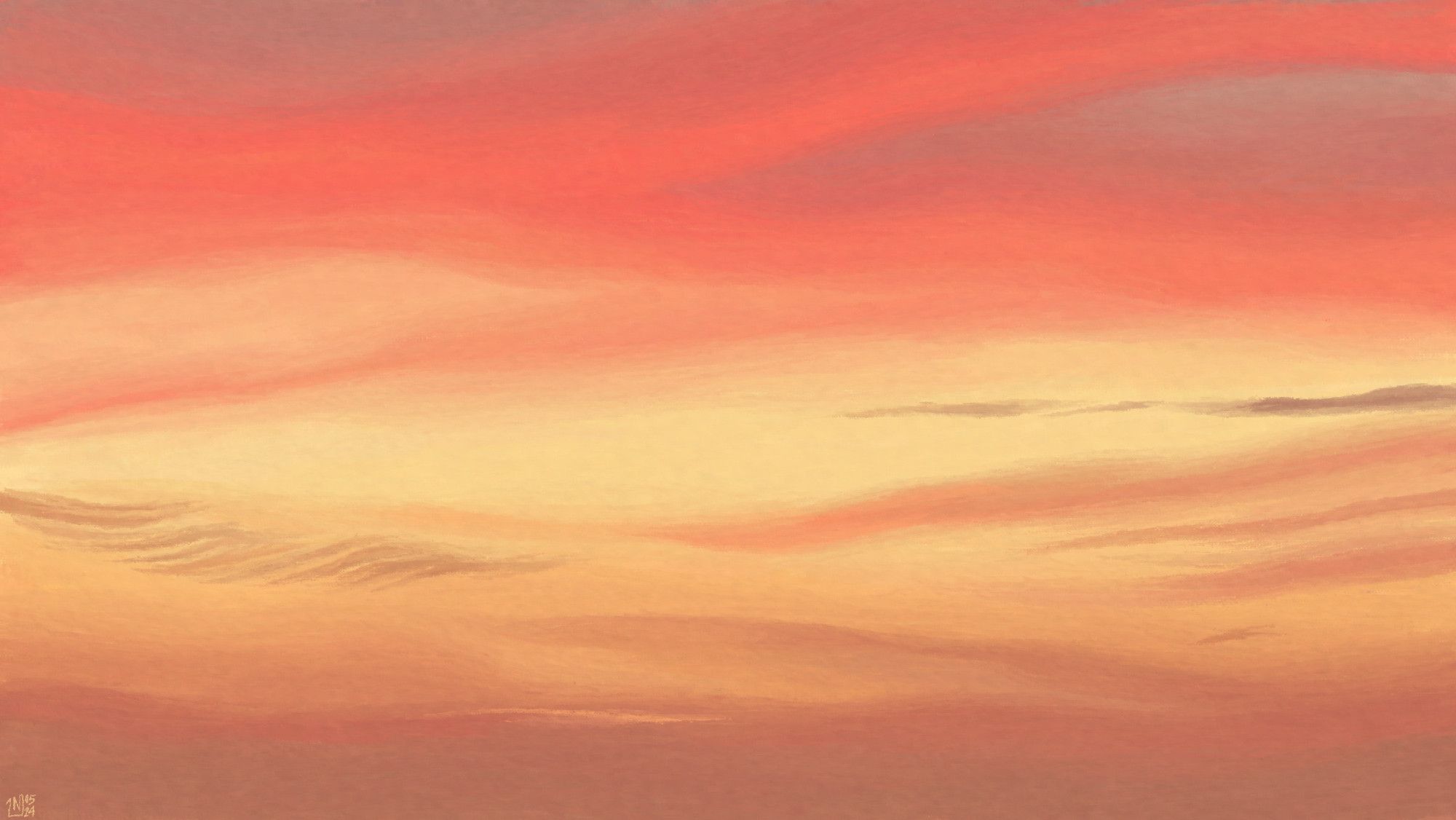 Digital painting of a sunset sky, pastel yellow, covered in wispy clouds, shades of pink and orange.