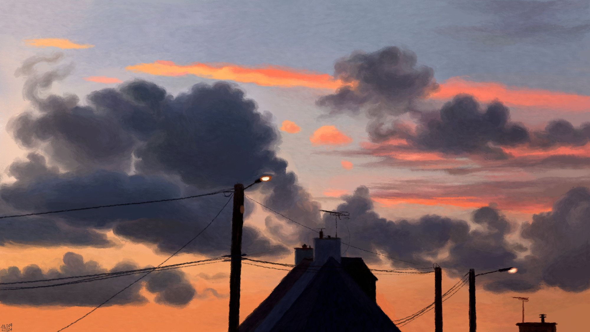 Digital painting of a sunset scene, dark roofs, streetlamps are on, phone lines crossing the frame. The sky is a gradient of a pale blue to orange, with fluffy grey clouds all over. Above them, long, thin, bright orange clouds.