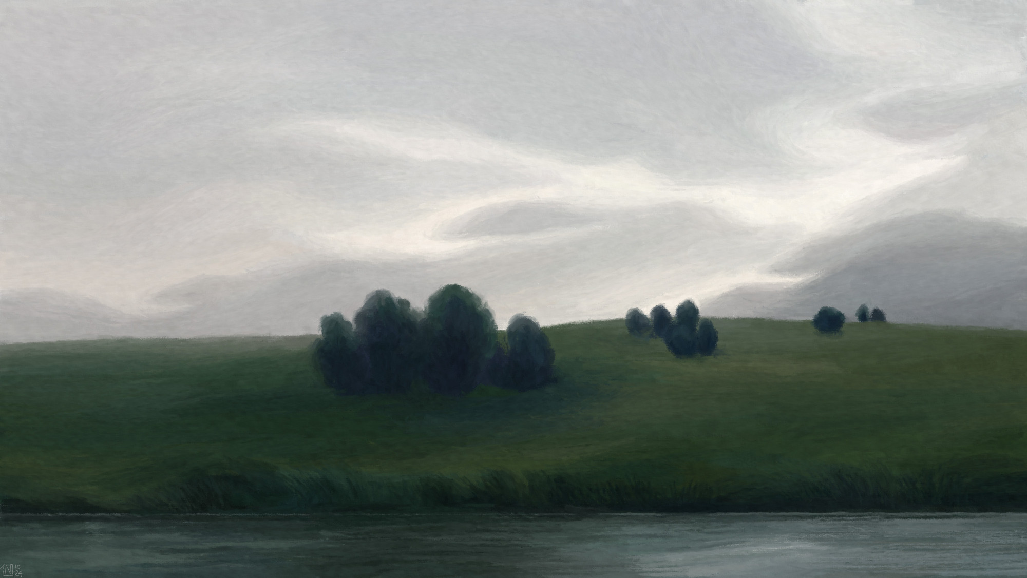 Digital painting of a rainy landscape: a pale grey, cloudy sky above a grassy field, with small groups of dark green trees. There is a pond reflecting the grey and green tones of the landscape.