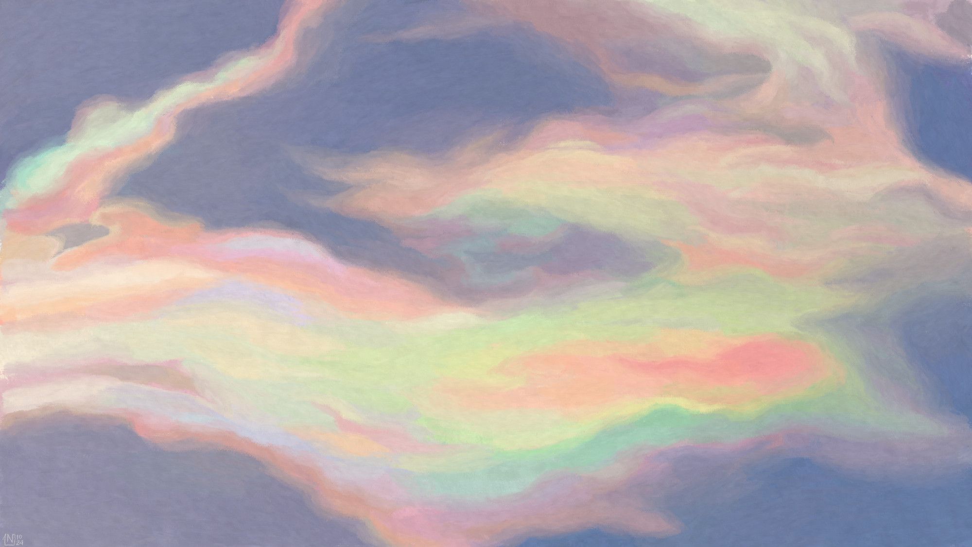 Digital painting of an iridescent cloud in a blue sky, all colours of the rainbow in pastel tones.