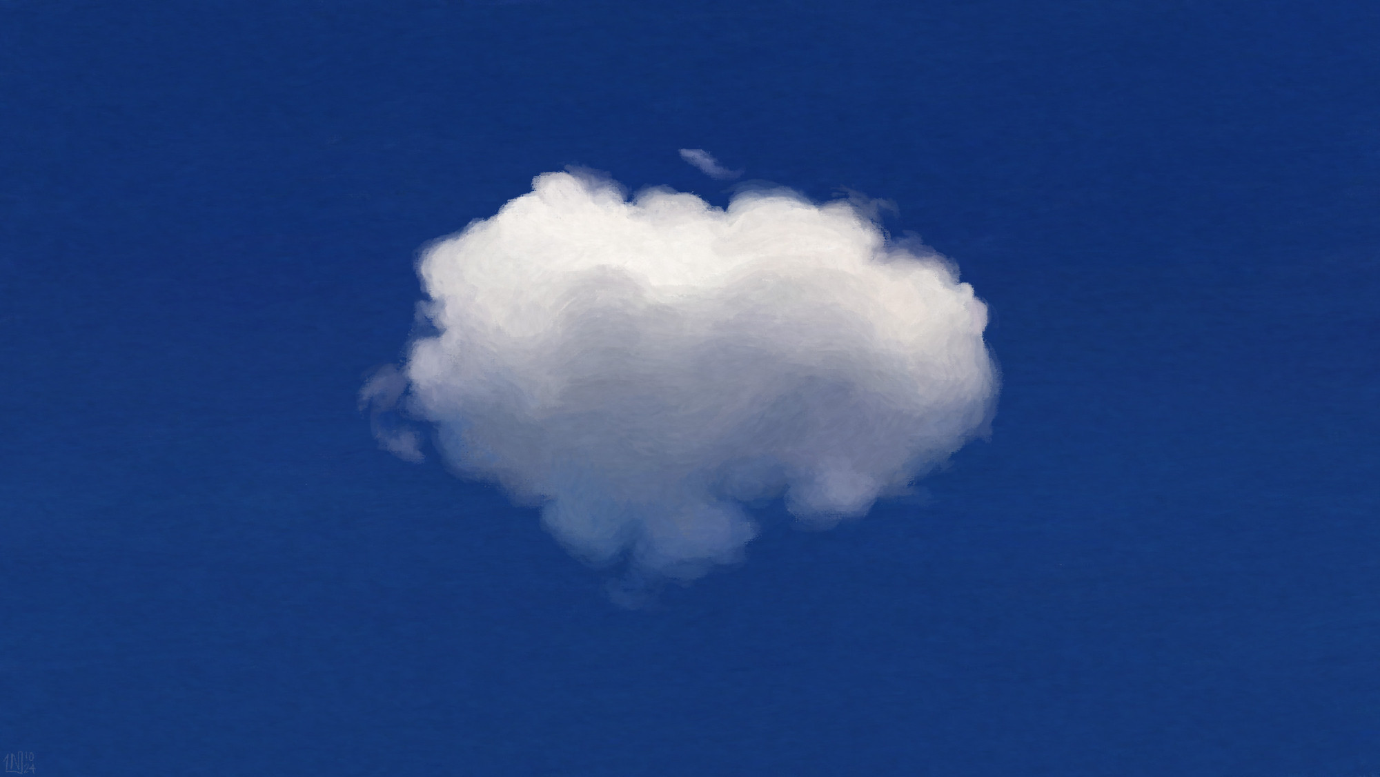 Digital painting of a fuzzy white cloud in the middle of a bright blue sky.