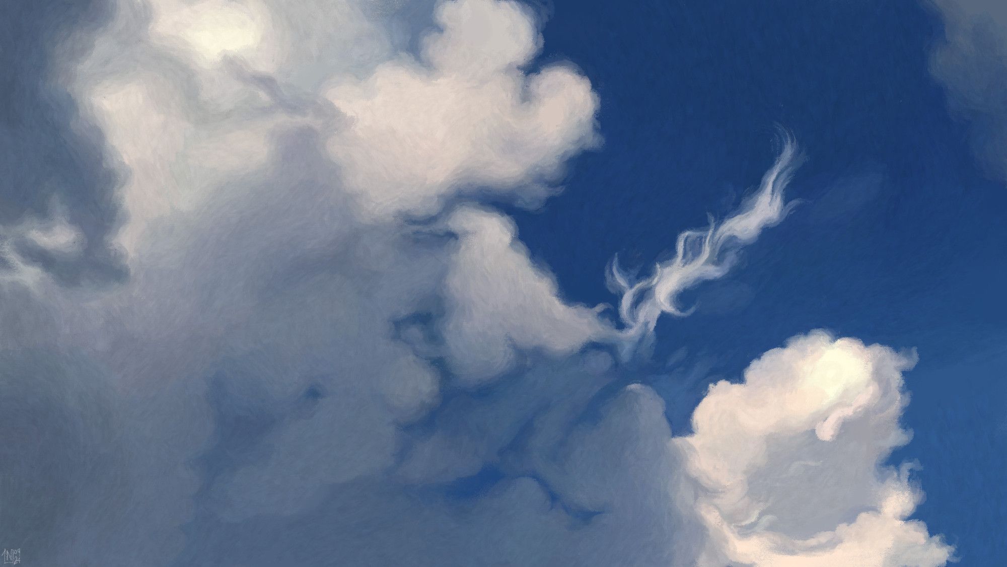 Digital painting of a deep blue sky filled with fuzzy, white and grey clouds, a confusing display of conflicting weather.