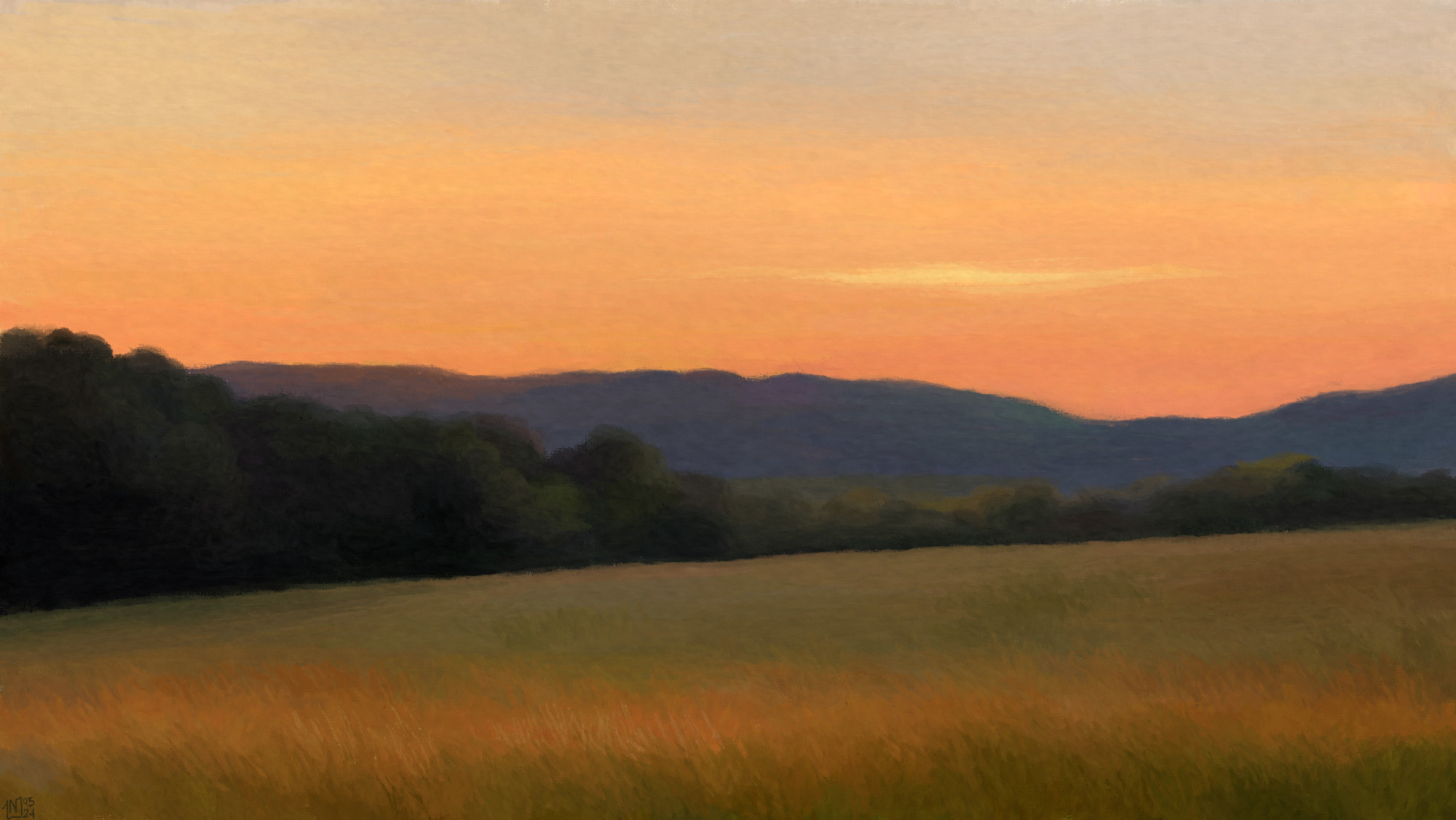 Digital painting of a sunset scene in the countryside. The sky is orange, a subtle gradient with a small, thin yellow cloud floating there. The landscape: blue mountains in the distance, then a line of green trees, and a field of tall grass that the sunset tints orange in some places.