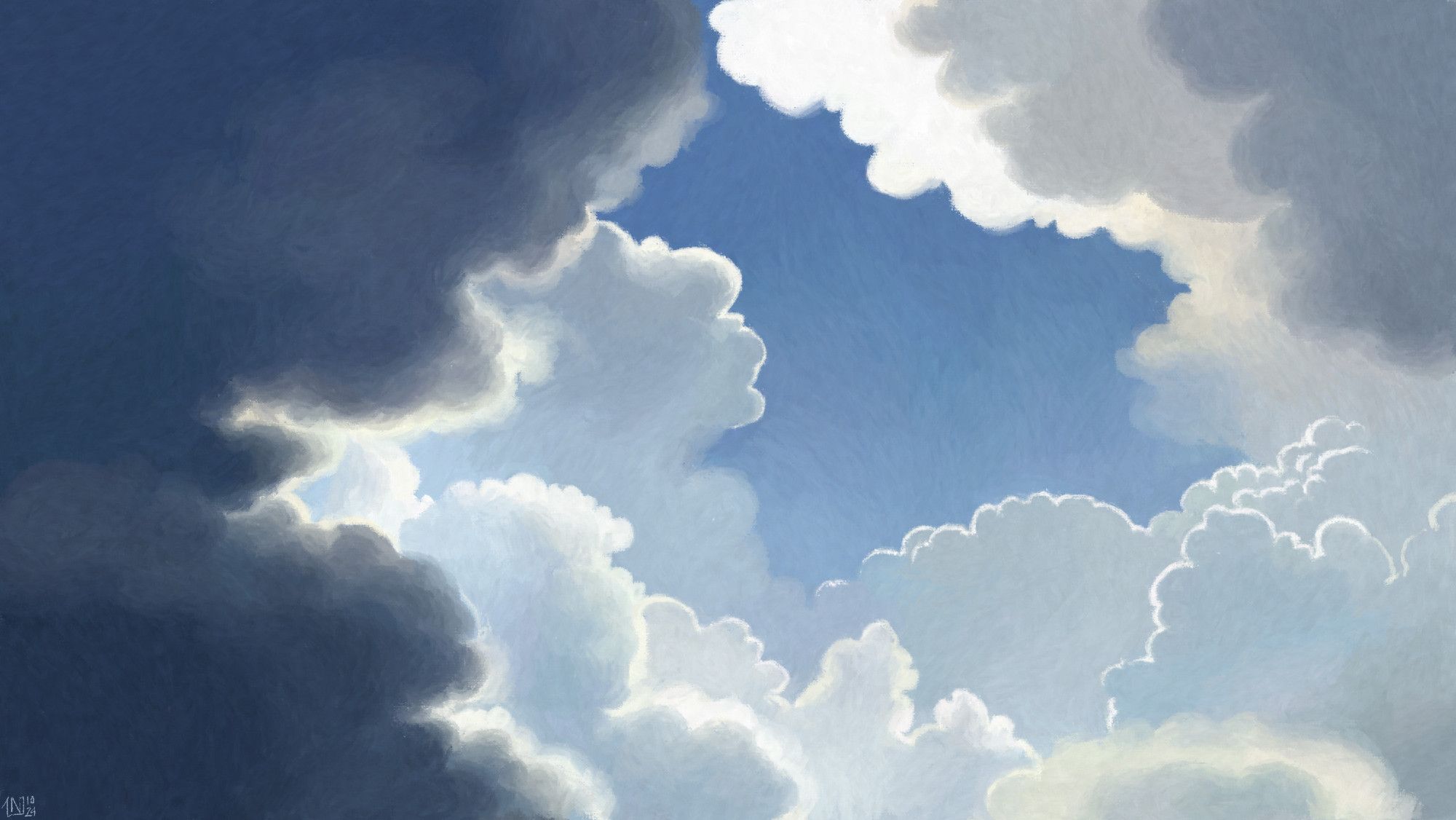 Digital painting of a partly cloudy sky, all shades of grey framing a bit of blue in the background. The clouds are rimmed white with sunshine.