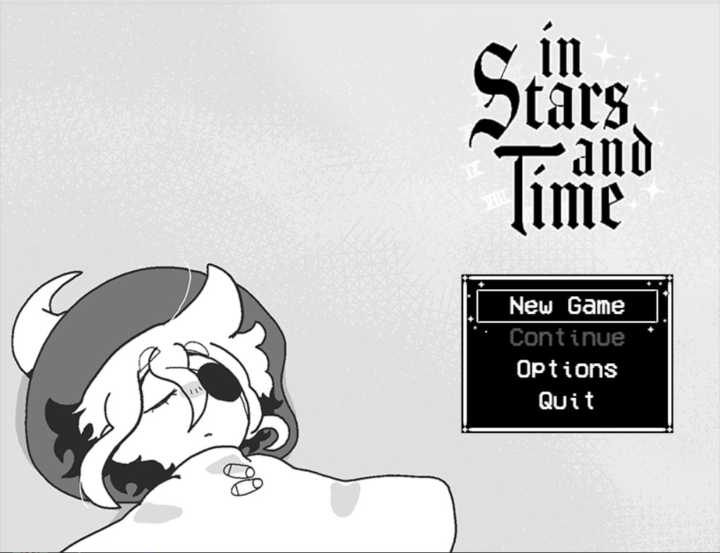 Title screen for In Stars and Time, featuring the game's title text, a black box with the startup menu, and the protagonist, Siffrin, lying down, apparently asleep. Siffrin wears a cloak, eyepatch, and wizard's hat.