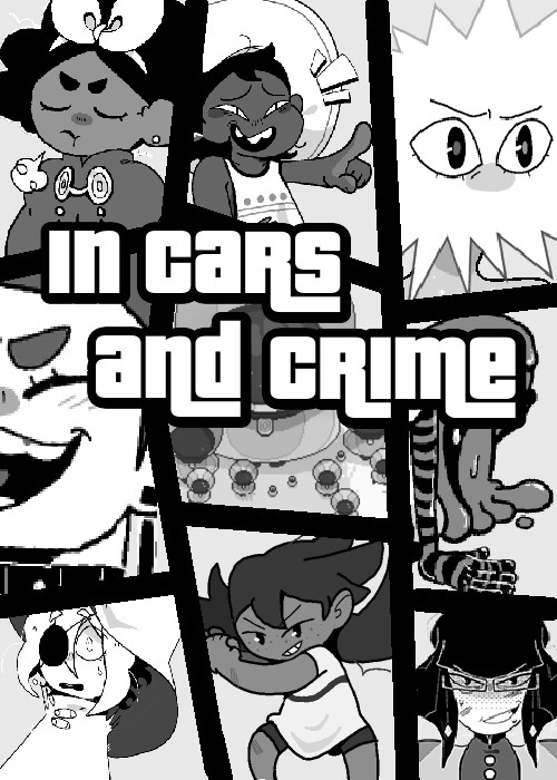 Parody of "Grand Theft Auto" box art, featuring characters from indie game "In Stars and Time" instead of GTA characters, with the text "In Cars and Crime"