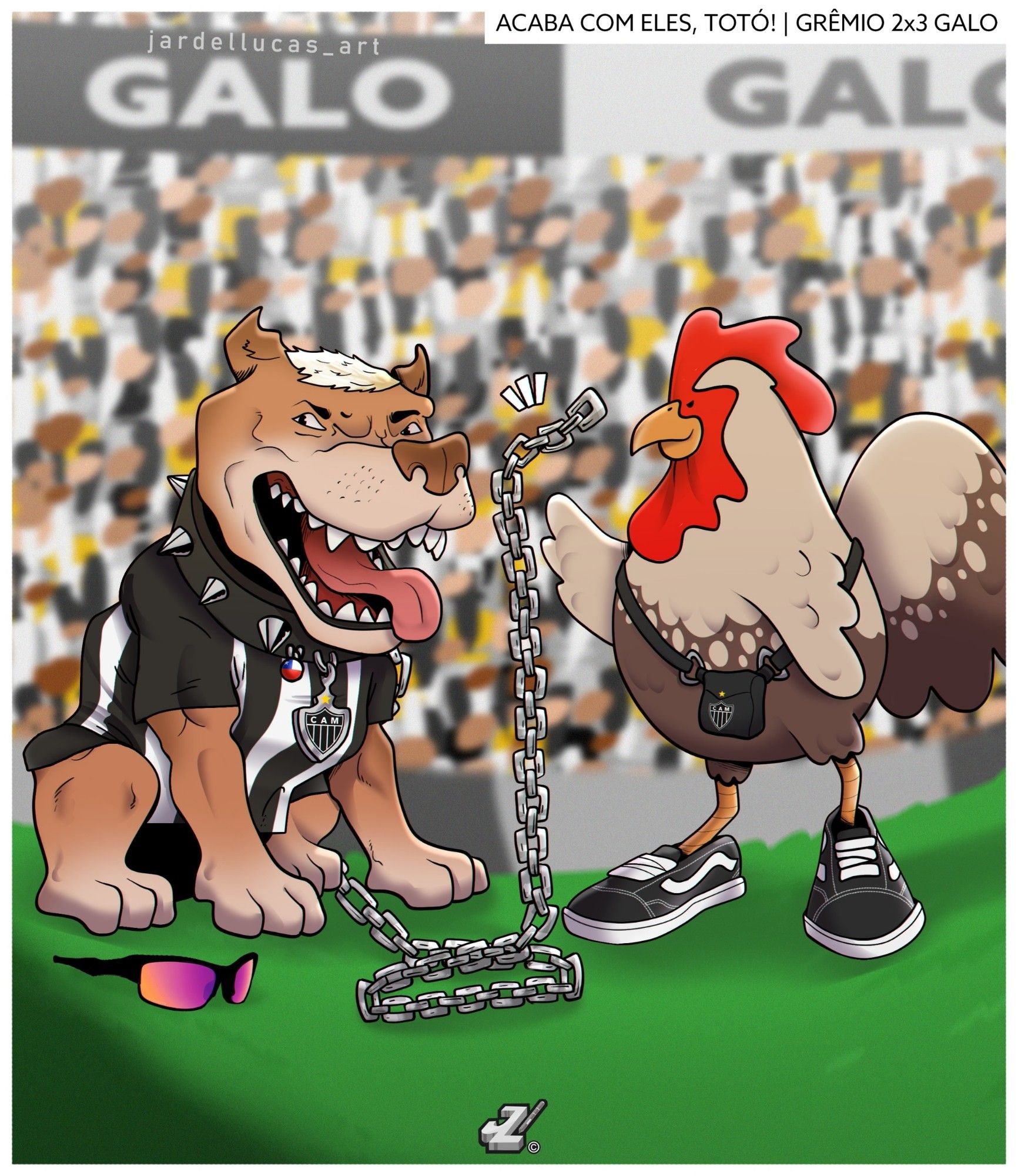 Ilustracao digital, do lado direito um Galo calçando tênis pretos solta a corrente de um pitbull que veste a camisa do Atlético Mineiro, na parte de cima está escrito "Acaba com eles, totó! Grêmio 2x3 Galo" .