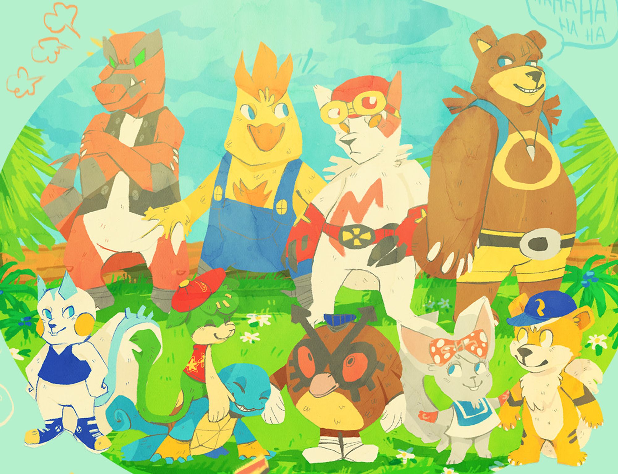 mashup with pokémon and diddy kong racing, textured and quicky/messy art