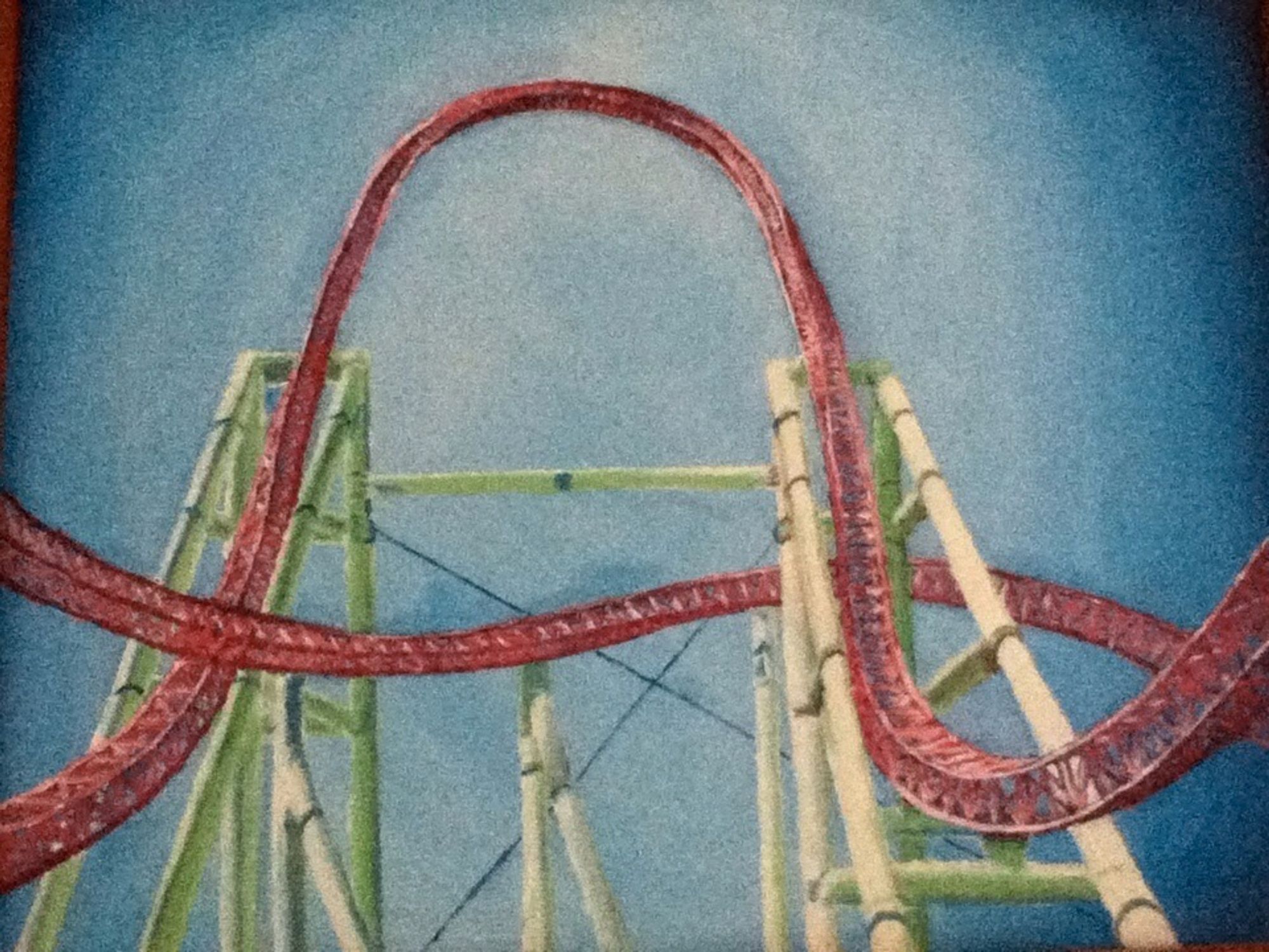 Detailed painting of Xcelerator, a roller coaster at Knott’s Berry Farm.