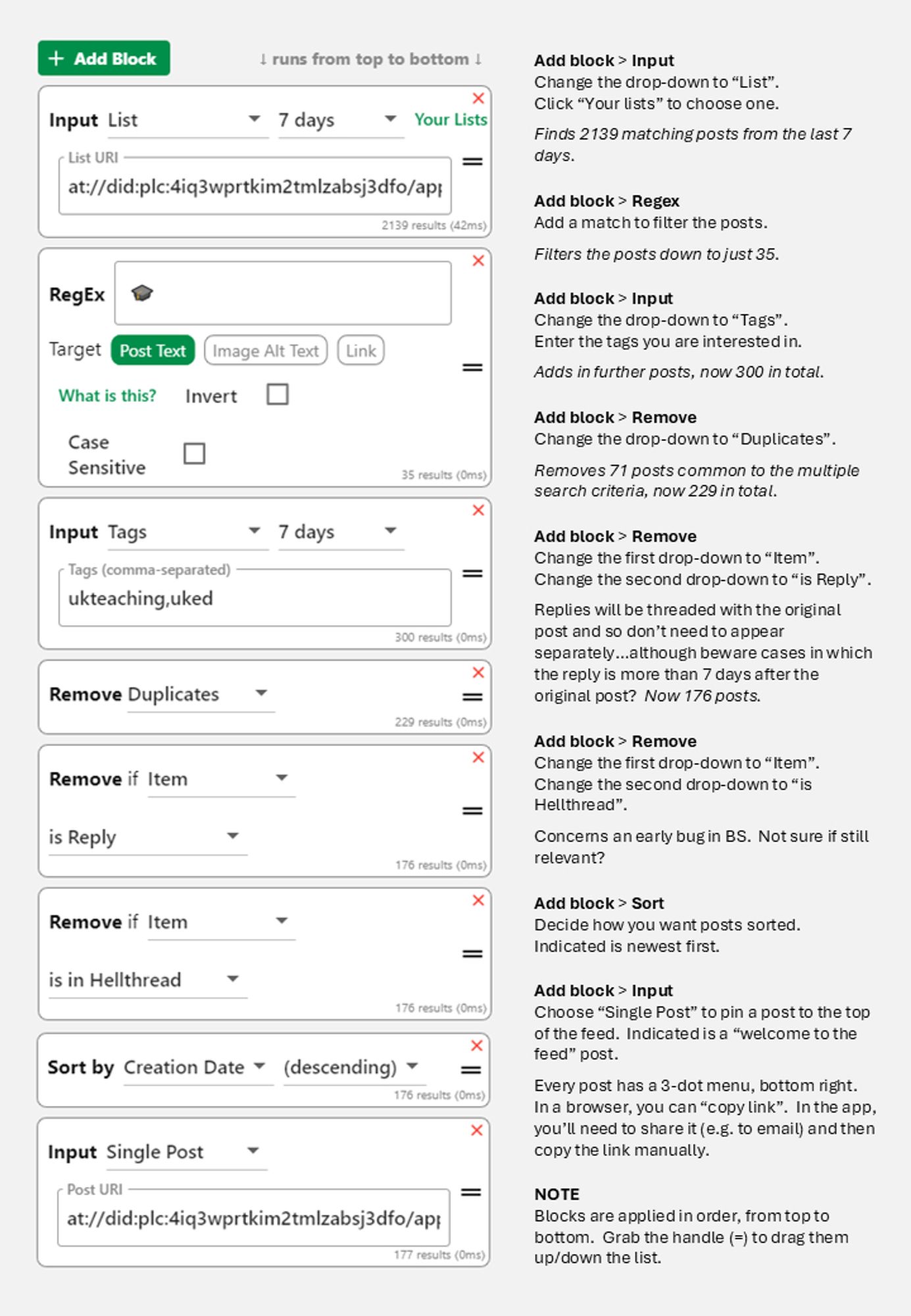 Screenshot of Feed Builder blocks for "UK Teaching" custom feed.