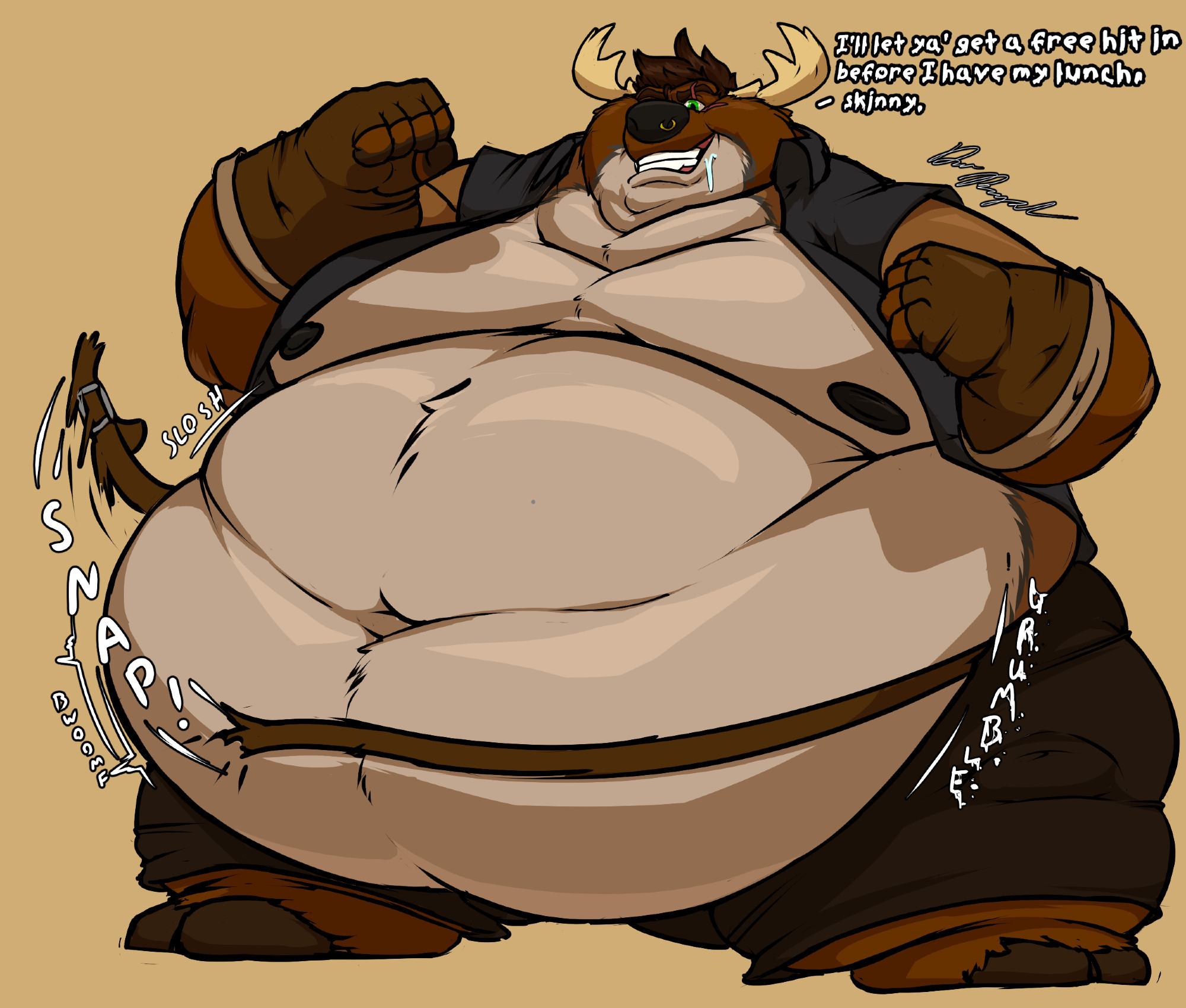 a ridiculously fat anthropomorphic elk  holding his fists up, ready to fist fight while he looks at the viewer hungrily.