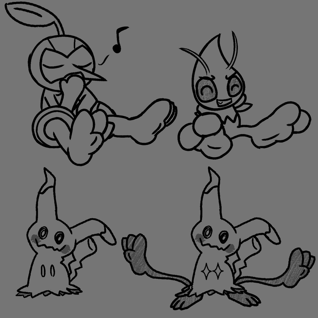 A Nuzleaf, Celebi, and Mimikyu drawn in some position that shows off their feet. The Nuzleaf is sitting on the ground while playing a leaf, the Celebi is sticking their feet forward with a smug expression and arms behind their back, and Mimikyu starts off normal, but surprises the viewer with shadowy tendrils with feet at the end of them. In this version of the image, Celebi's feet have 2 toes.