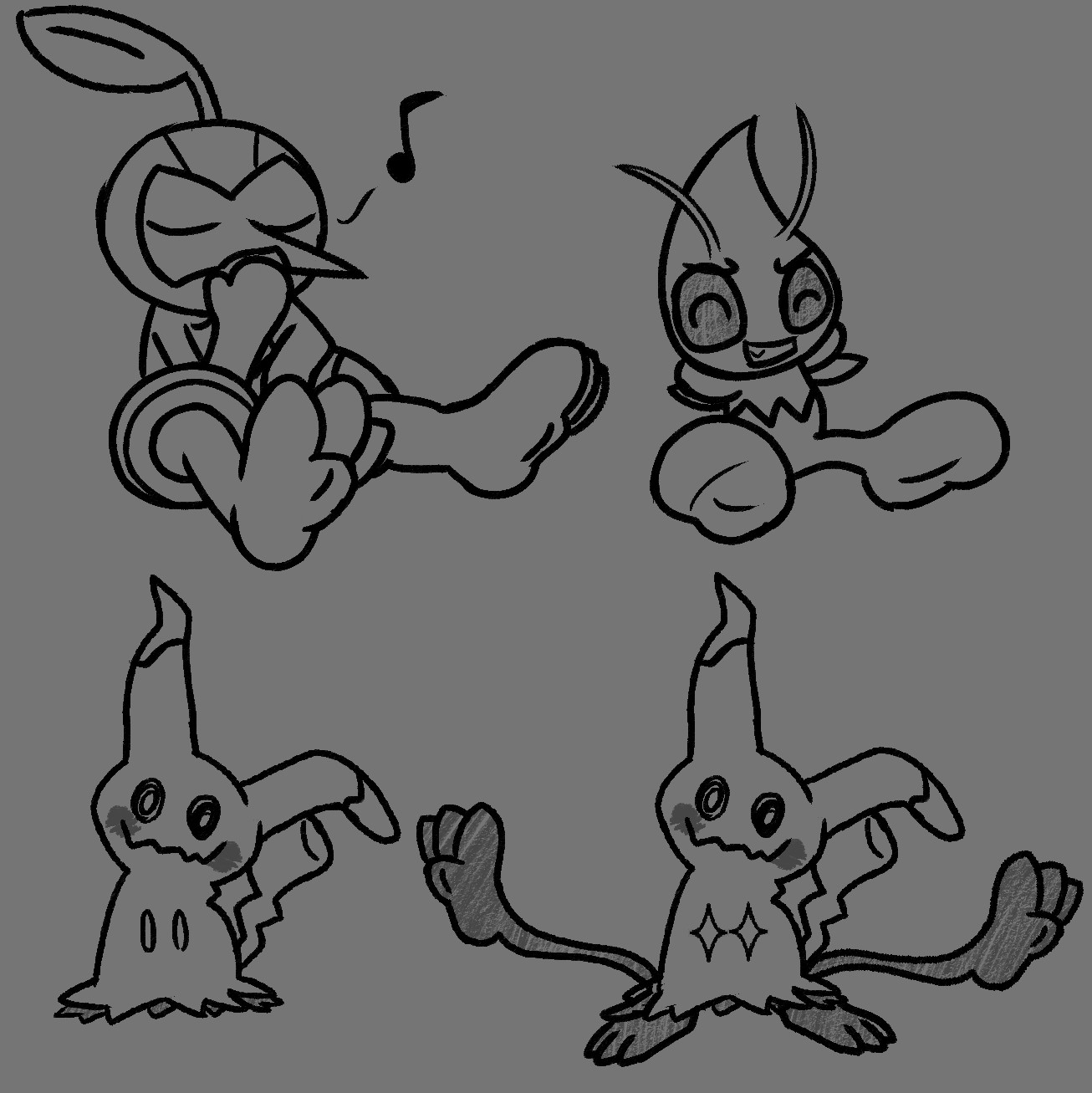 A Nuzleaf, Celebi, and Mimikyu drawn in some position that shows off their feet. The Nuzleaf is sitting on the ground while playing a leaf, the Celebi is sticking their feet forward with a smug expression and arms behind their back, and Mimikyu starts off normal, but surprises the viewer with shadowy tendrils with feet at the end of them. In this version of the image, Celebi's feet are blobs