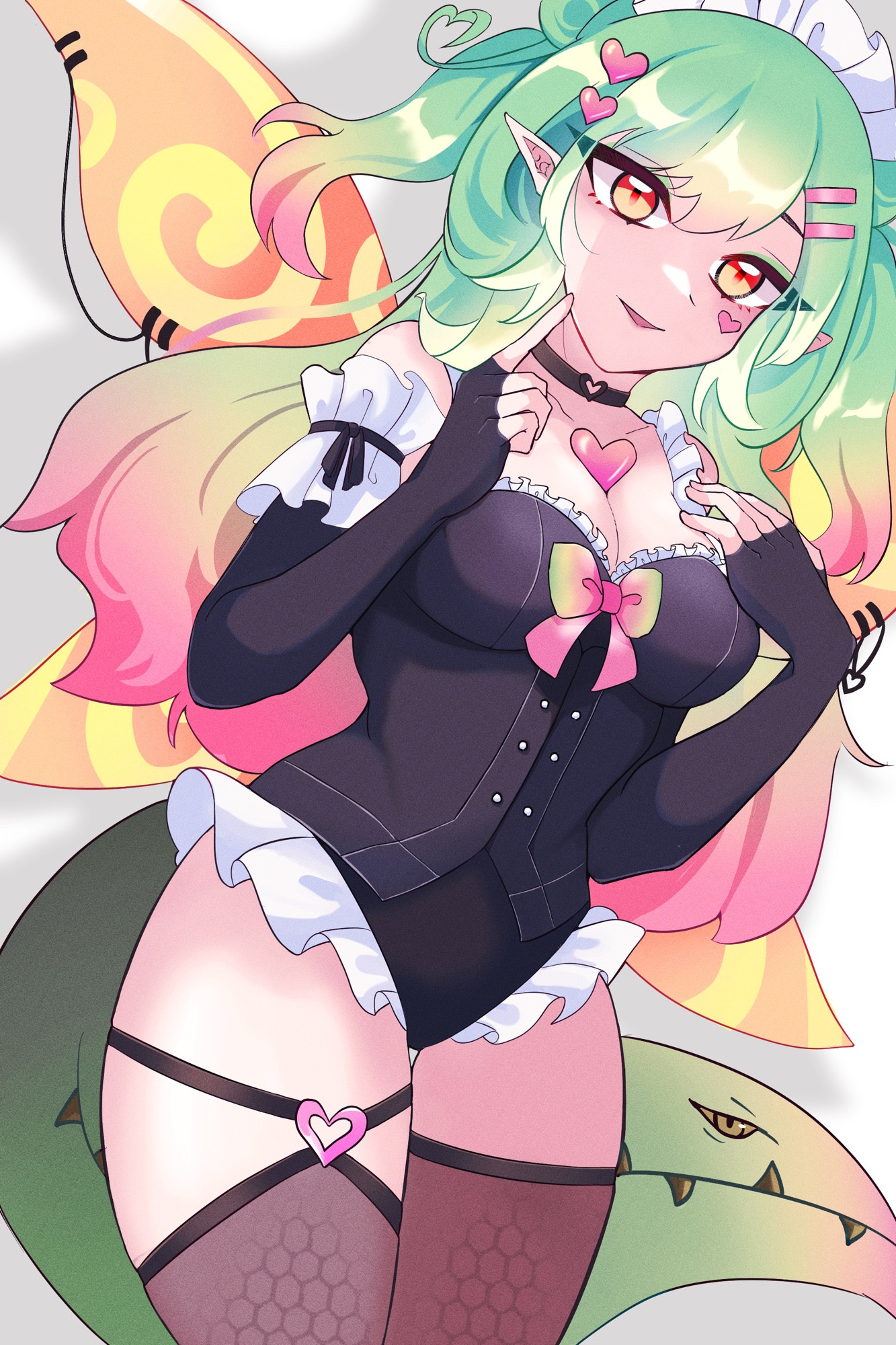 A girl with green hair in a maid style suit with wings and a tail. 