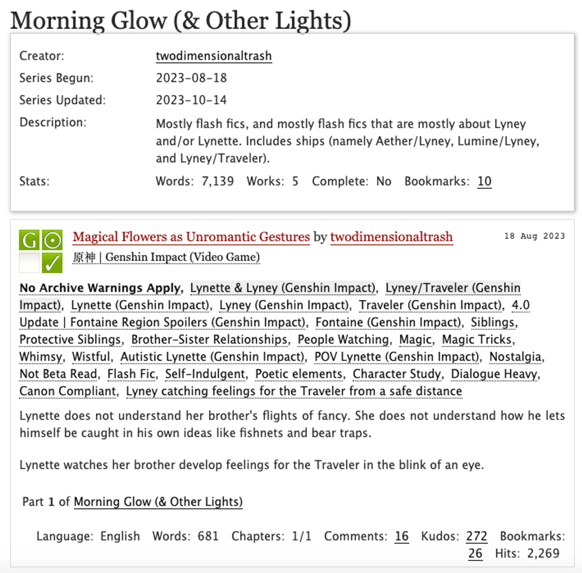 Screenshot from Archive of Our Own of the series "Morning Glow (and Other Lights)" by the user twodimensionaltrash. Includes the description of the first work in the series, "Magical Flowers as Unromantic Gestures."