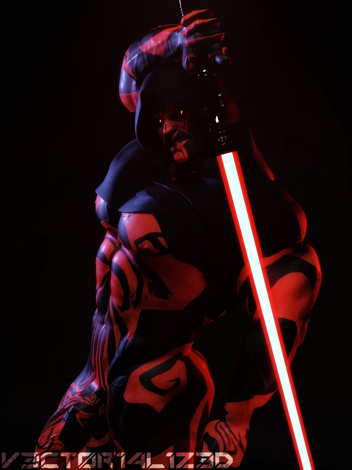 SUBJECT: Darth Maul, bare except for his hood, challenging the viewer to a lightsaber duel suggestively of another kind.