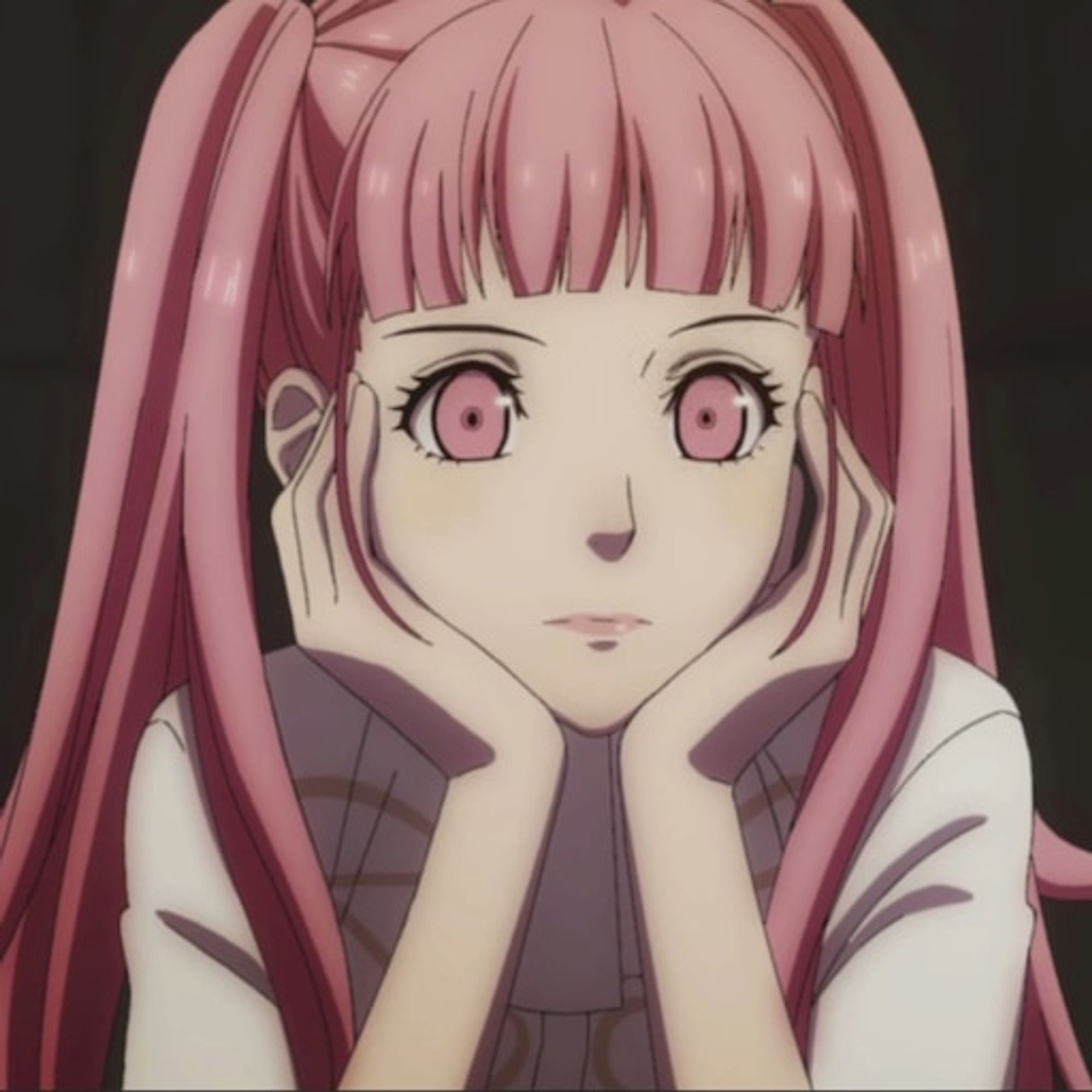 a pink-haired anime girl with very long pigtails and matching pink eyes and pink lipstick sitting bored with her hands on the sides of her face, elbows on an offscreen table supporting her.