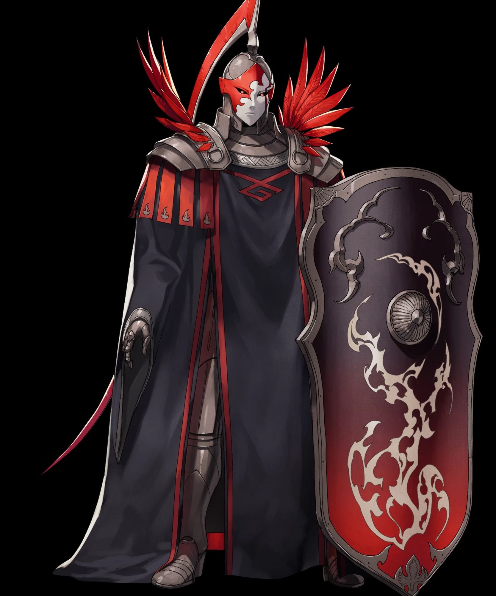 a masked person in heavy armor covered by baggy black robes. Their mask is red and white in the likeness of a face, with glowing orange points for eyes. Their helmet has a tall and especially long backwards-arched red plume, and an abundance of red plumage billowing upwards from their large dark steel pauldrons, which are also adorned with small strips of hanging red cloth, each of which is emblazoned with a symbol of a flame. They hold no visible weapon, but a towershield with a flame-like emblem emblazoned upon it over a gradient from a burning red at the bottom to ashen black at the top.