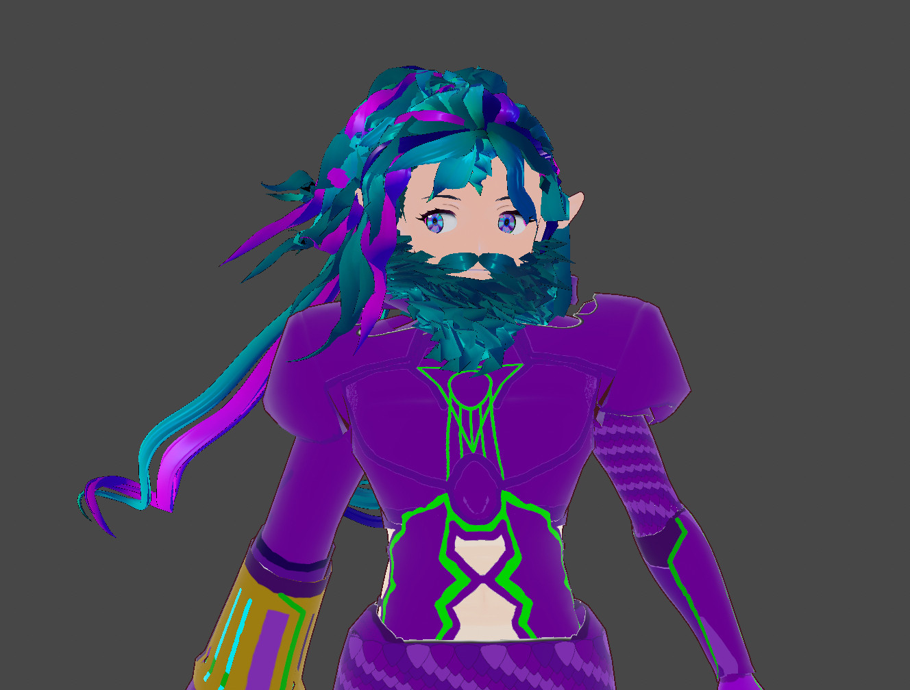 A bearded, but otherwise femboy, bounty hunter in purple power armor struts toward the camera while looking to the side. A strange green symbol glows on his chest, and pink/magenta and indigo highlights litter his cyan hair.