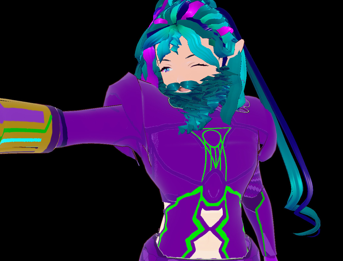 A bearded, but otherwise femboy, bounty hunter in purple power armor takes single-handed aim off screen with his arm cannon, winking with enthusiastic glee. A strange green symbol glows on his chest, and pink/magenta and indigo highlights litter his cyan hair.