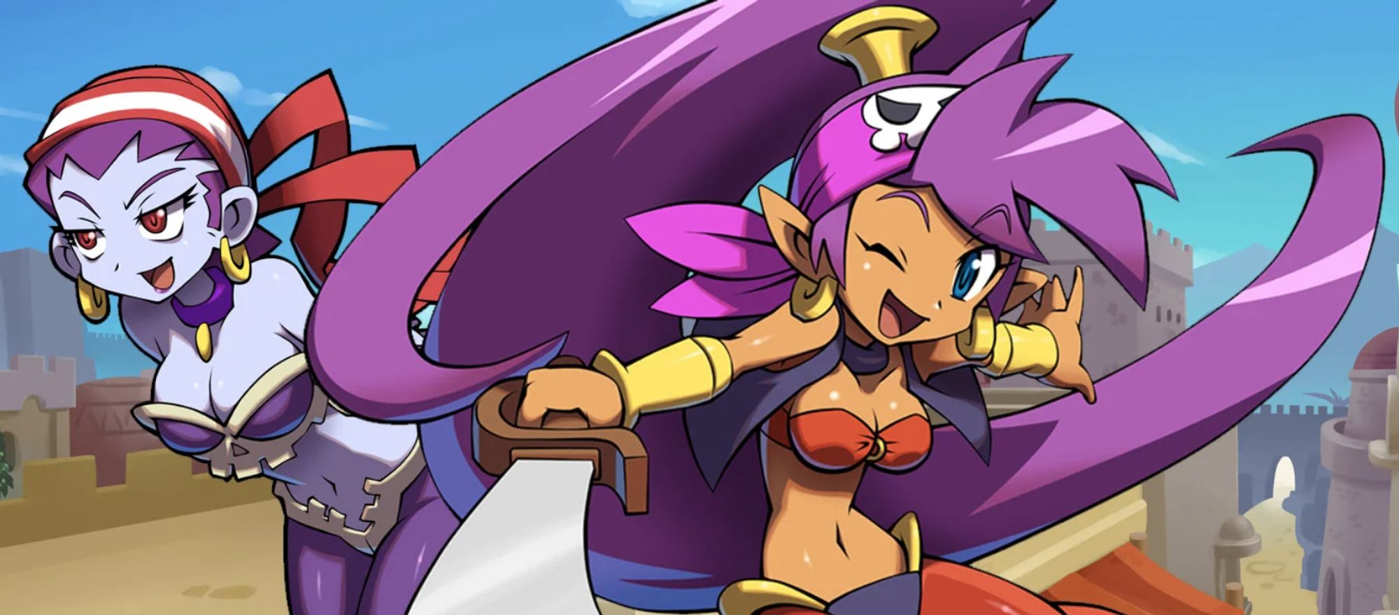 (left) a light blue-skinned pirate lass whose purple hair is almost entirely contained within her red bandana with a single white stripe on it. She's got purple eyes narrowed and raised eyebrows, as if seductively talking down to someone as she's leaned forward. She's wearing a large hoop earring on each of her normal-shaped ears, a purple choker, arms behind her back, skin-tight purple pants on her thighs with a bone-like waistline that dips downward near the center (toward the crotch / away from the navel), and her large boobs are resting in the purple eyes of a skull-shaped bra.