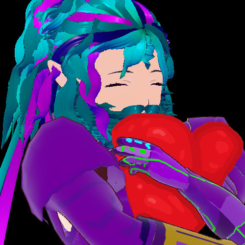 A bearded, but otherwise femboy, bounty hunter in purple power armor hugs a heart close to his chest, smiling with his eyes shut, in the style of an emote. Pink/magenta and indigo highlights litter his cyan hair.