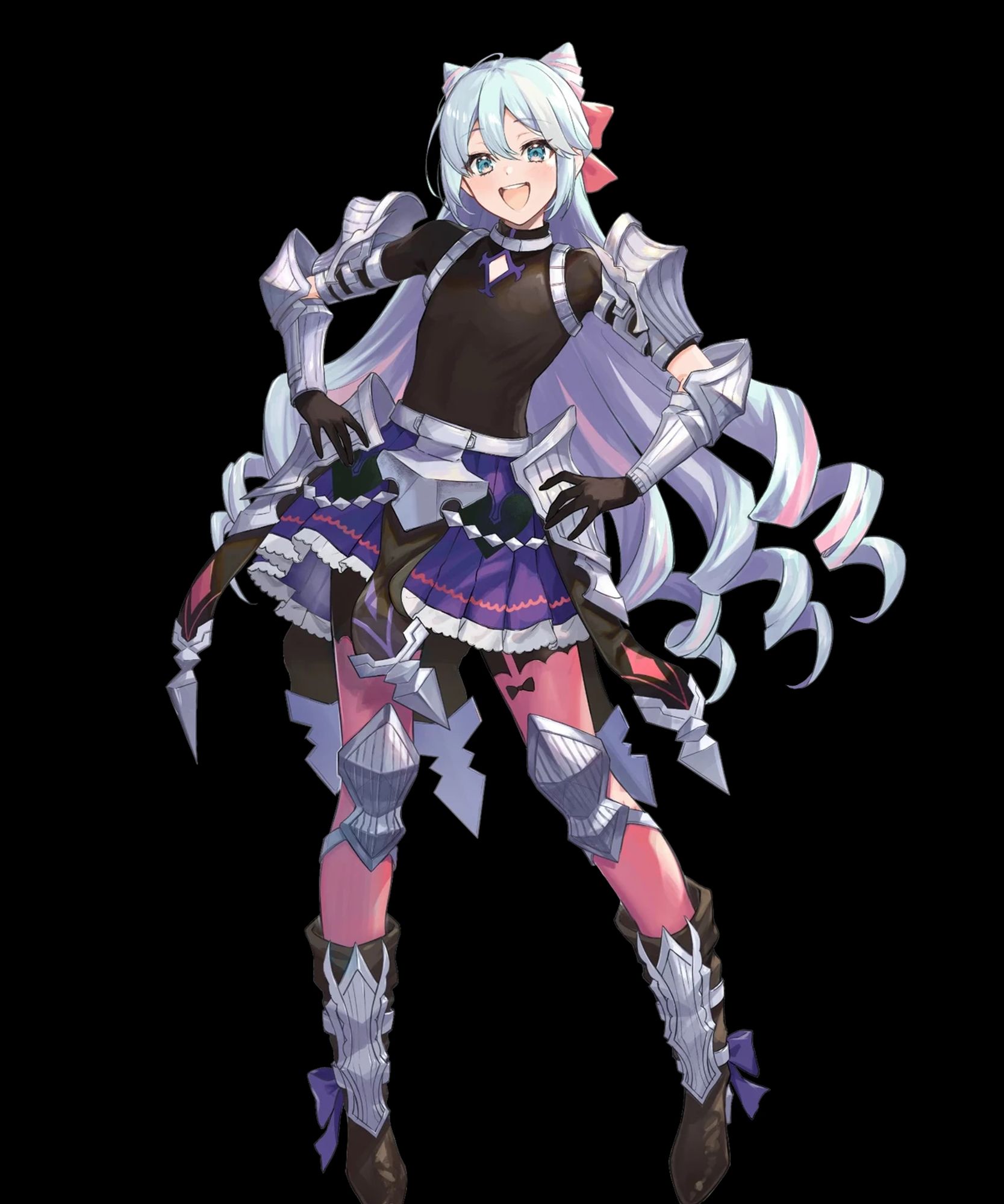 an adorable femboy in arm, leg, and hips armor with plates which put plenty of room between his body and enemy weapons. He's wearing a tight black bodysuit under his armor that has a diamond-shaped window on the chest, and he's wearing a purple skirt and pink tights under his steel plates and combat boots. His hair is incredibly long, light blue and curls into drills at the ends, with pink highlights. He's got some of his hair at the top of his head curled into a couple of cones that almost resemble cat ears, and he's wearing at least one pink bow in his hair.
He's smiling super excited and cute :D