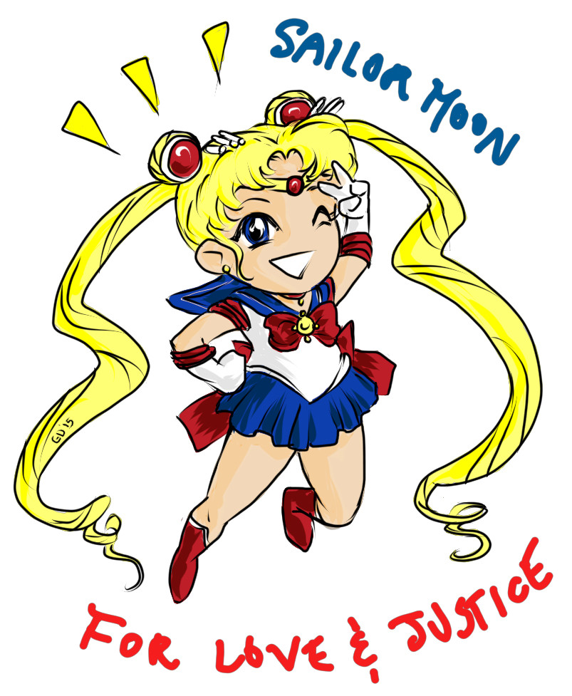 a messy chibi sailor moon doing a salute, labeled "sailor moon for love and justice"