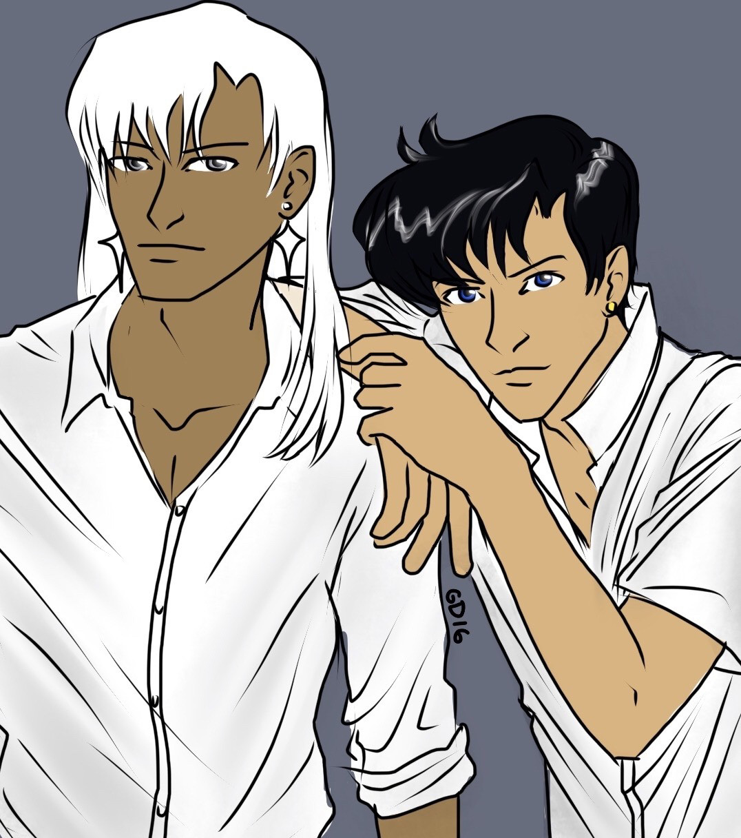 Mamoru Chiba leaning on Kunzite's shoulder, both of them wearing white button-down shirts