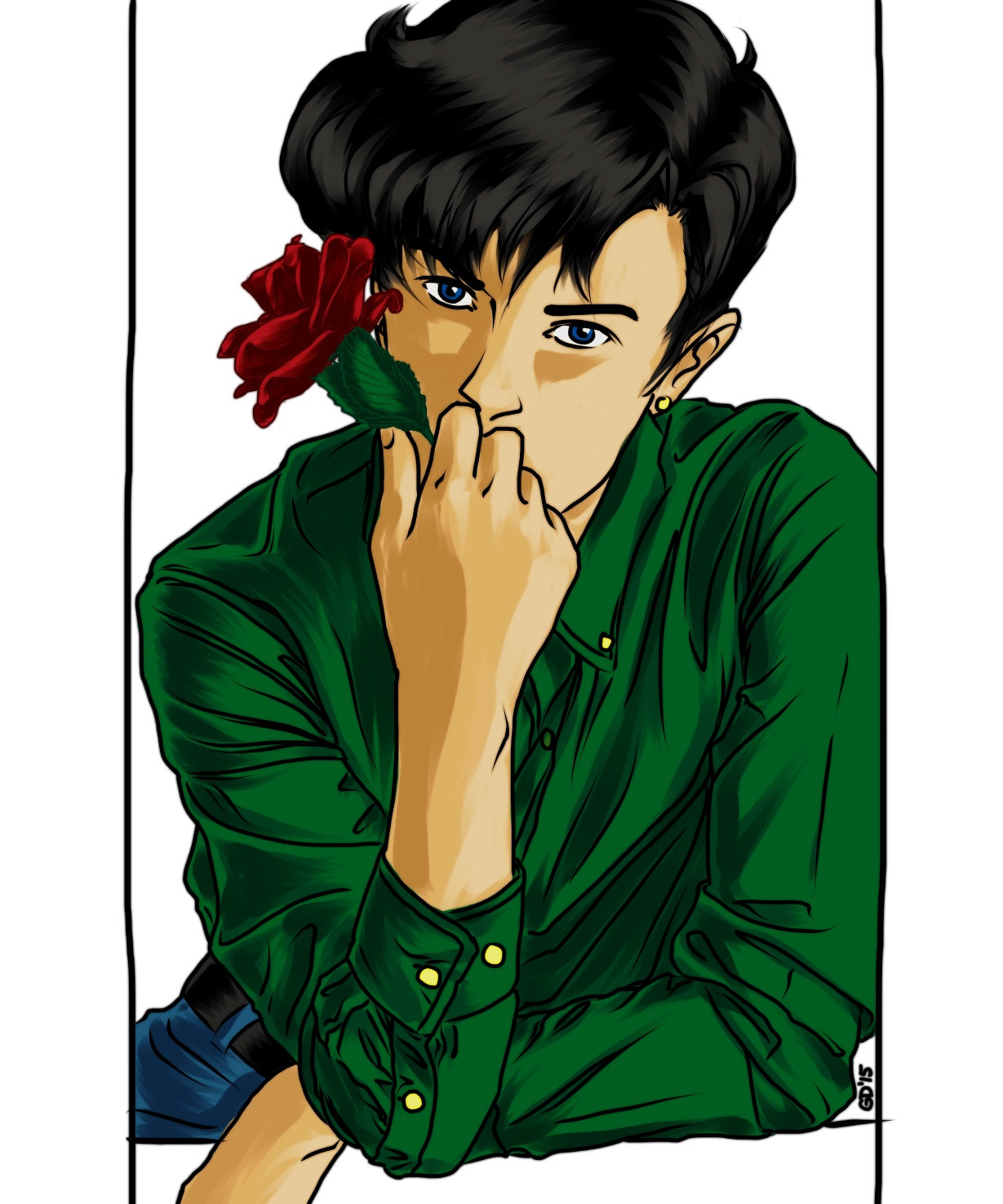 a picture of mamoru chiba in a green shirt holding a rose