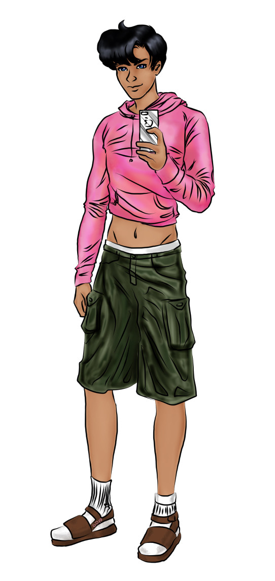 mamoru chiba taking a mirror selfie in usagi's hoodie, cargo shorts, and socks with sandals.