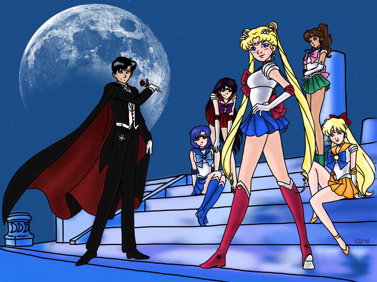 a screencap redraw from the beginning of season 3 of sailor moon before the outer senshi showed up. it has sailor moon, tuxedo mask, and the inner senshi in it.