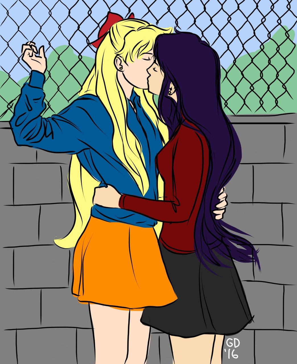 a blonde girl and a purple-black haired girl kissing against a wall with a chainlink fence at the top of it, which the blonde girl is hanging on to