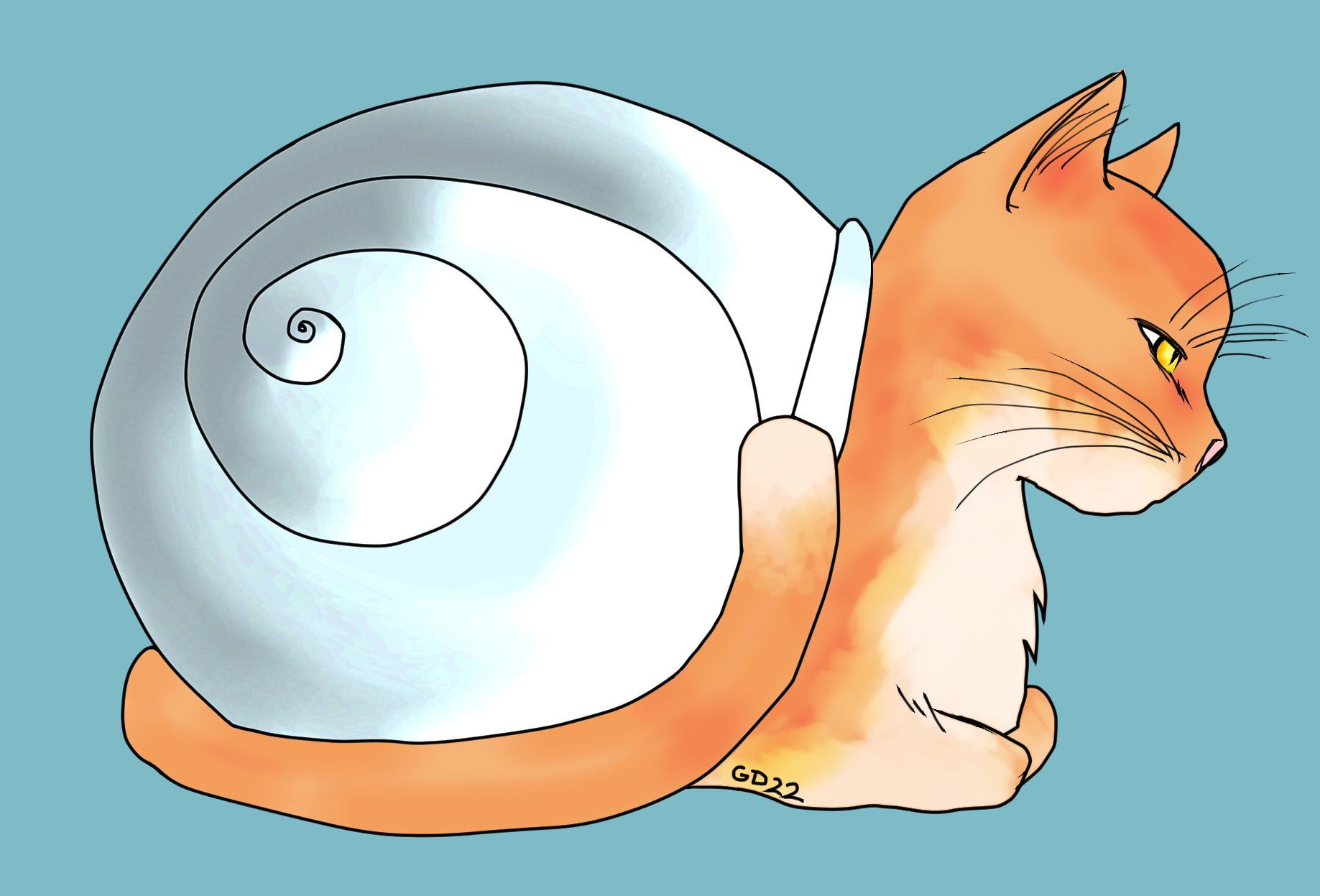 an orange snailcat with a grey-white shell