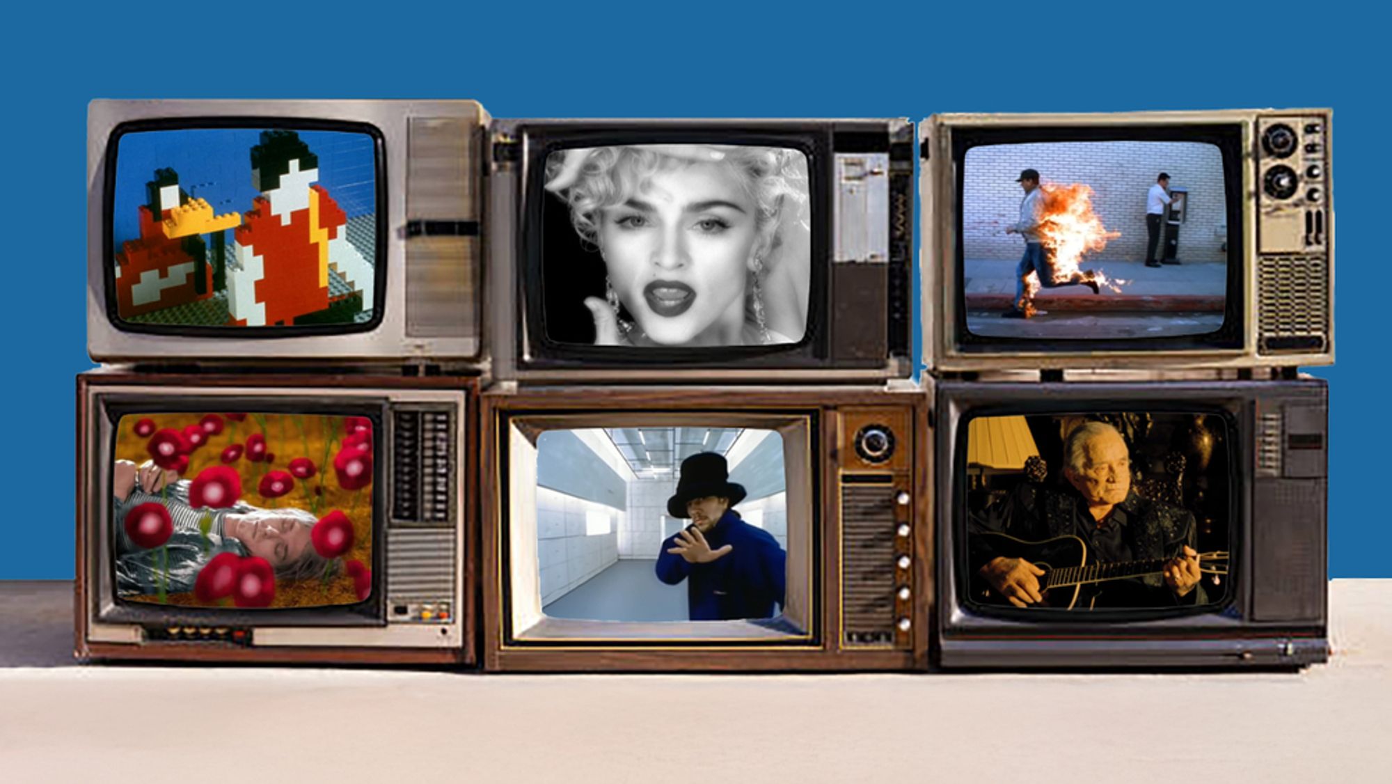 Promobilde for Musikkvideo-bonanza: seks gammel rør-tv-er viser hver en klassiske musikkvideo bilde, blant annet The White Stripes i Lego, Madonna i svarthvit, og en løpende mann i flammer.