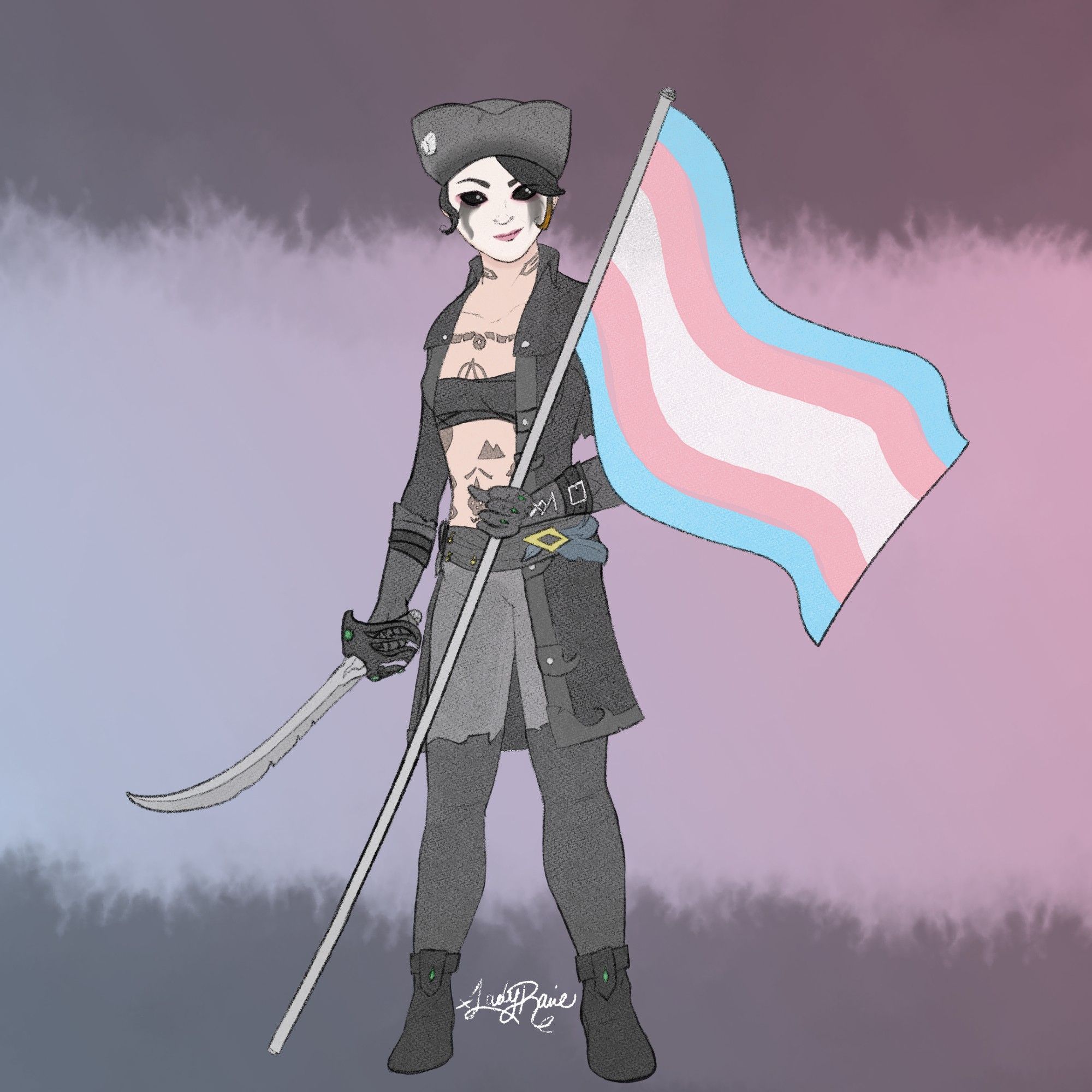 a woman wearing black clothing, a black hat and white face paint wields a cutlass in her right hand and holds a trans pride flag in her left.