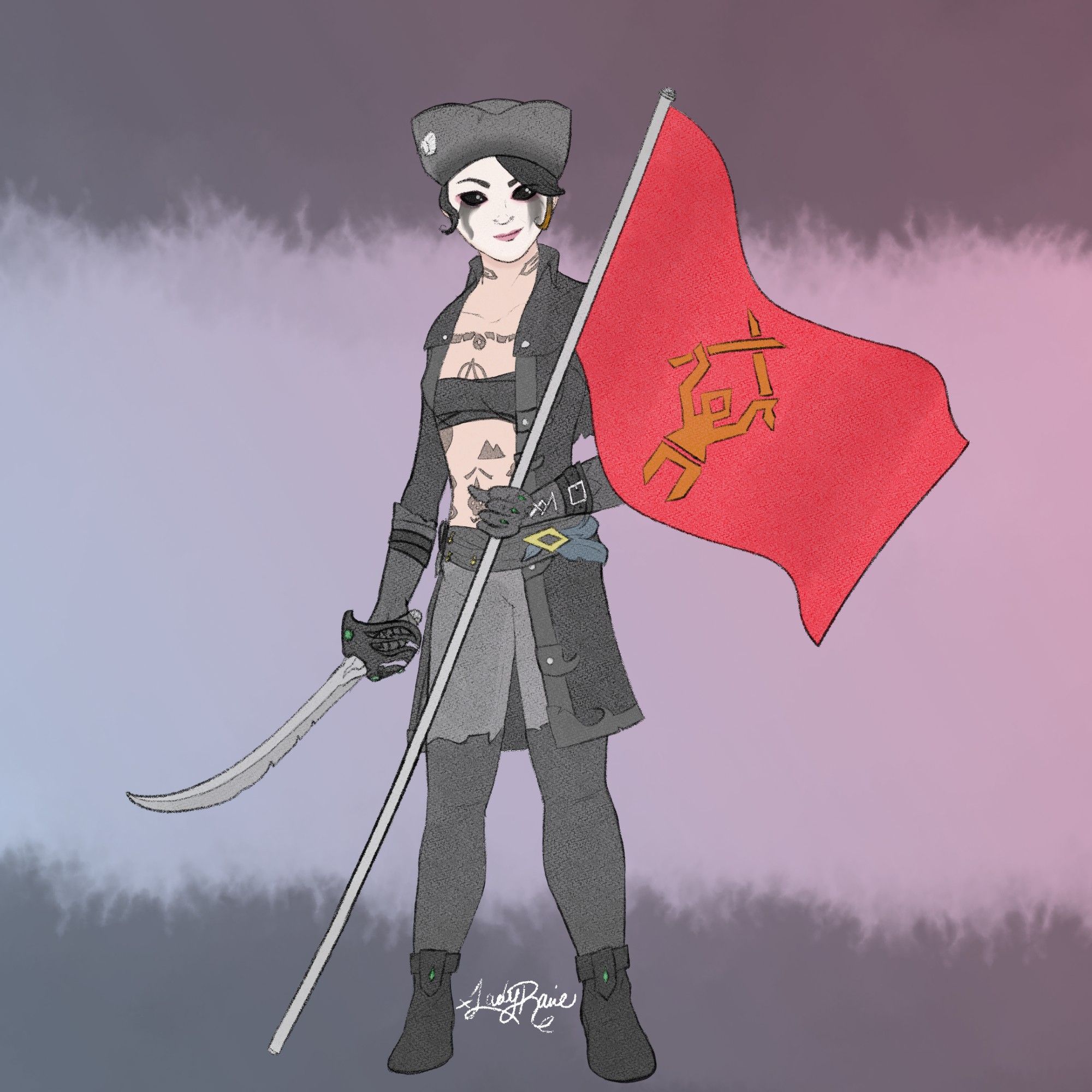 a woman wearing black clothing, a black hat and white face paint wields a cutlass in her right hand and holds a red flag with golden insignia in her left.