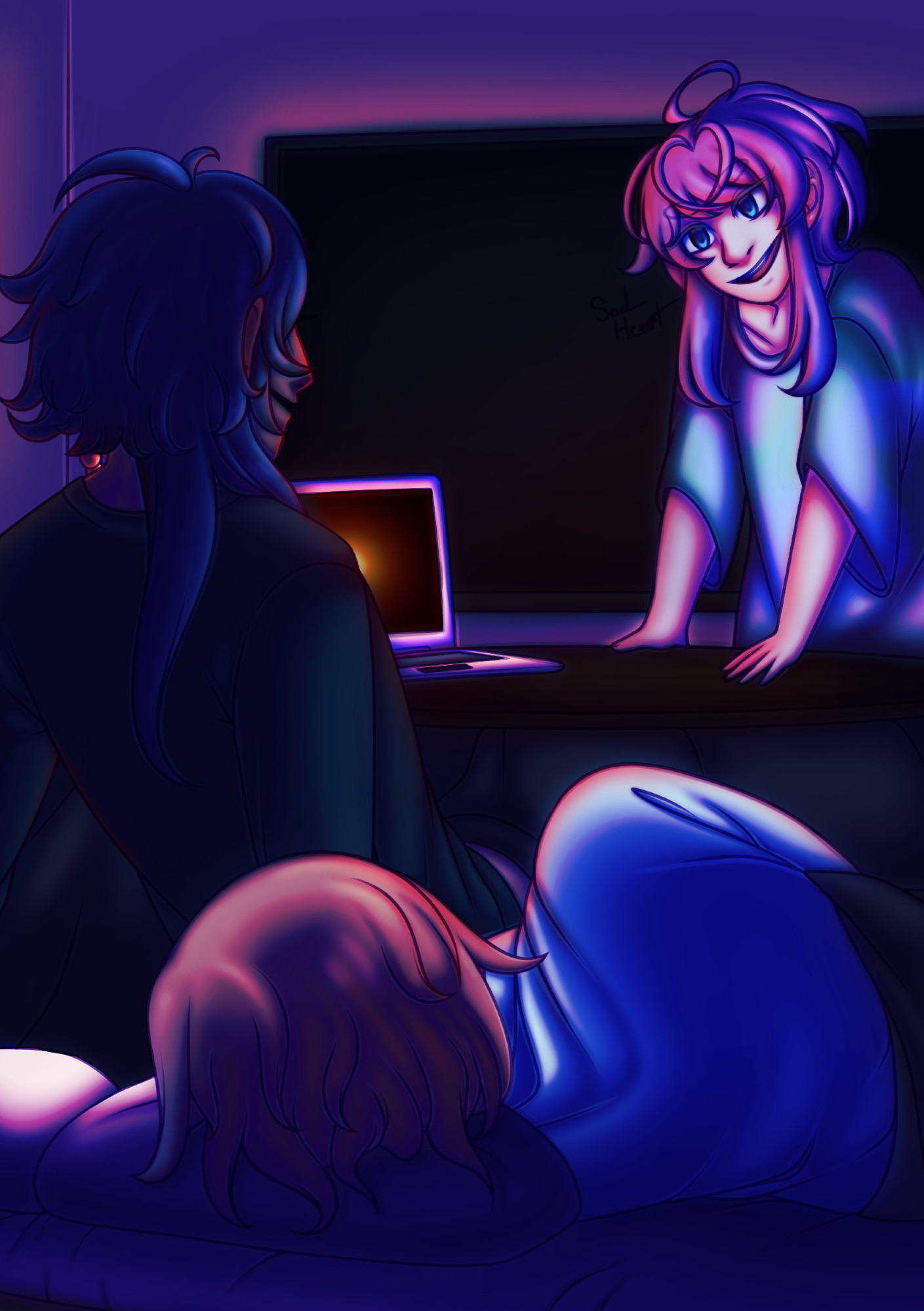 fling posse gathered around gentaro's kotatsu. ramuda on the other side of the kotatsu in an oversized t-shirt. gentaro and dice are on the same side, gentaro lying down with his back to the viewer. dice is sitting up next to him, smiling at ramuda. there's a laptop on the table playing a movie as the only light source