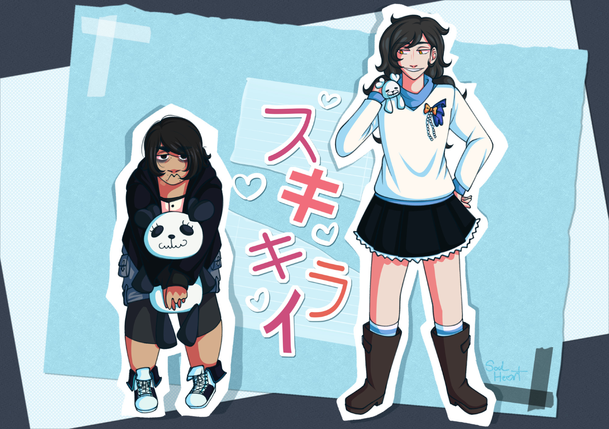 tatsumi, on the left, leaning forward and holding a large panda bear plushie, wearing a blue version of len's outfit from "suki kirai" by honeyworks. he has his hair in a ponytail. he doesn't look happy as per usual for him. jamie, on the right, standing straight with one hand on his hip and the other holding a small white bear plushie on his shoulder. his hair is in pigtails and he wears a blue version of rin's outfit from the song. they have a white outline to make them look like paper cut outs, alongside a backdrop of different blue toned papers laid haphazardly. in the middle are some hearts and スキキライ written in varying fonts and alternating colors vertically