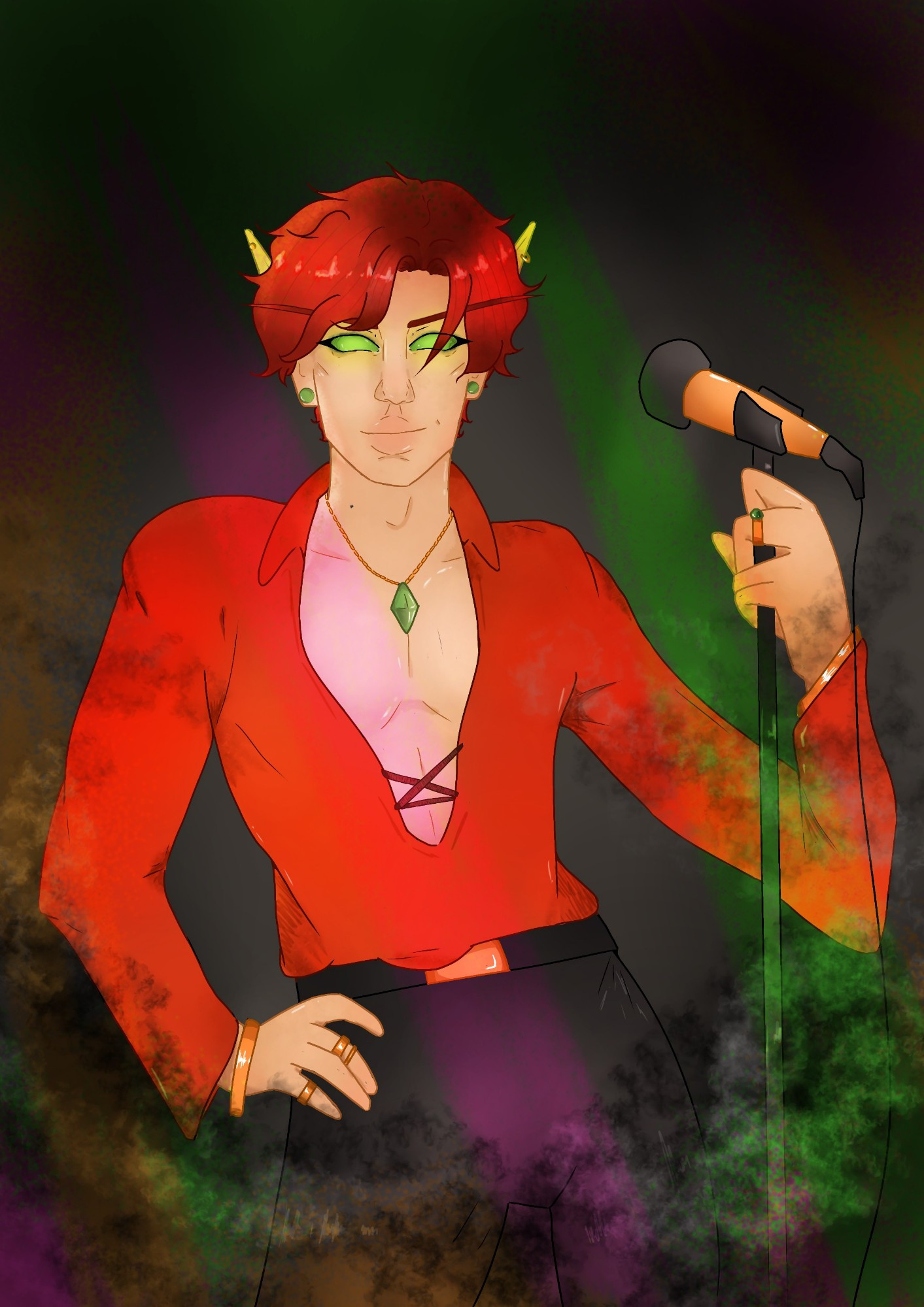 Art showing one of my Blood Elf OC's, named Ralnomir, standing under the spotlights, microphone in hand