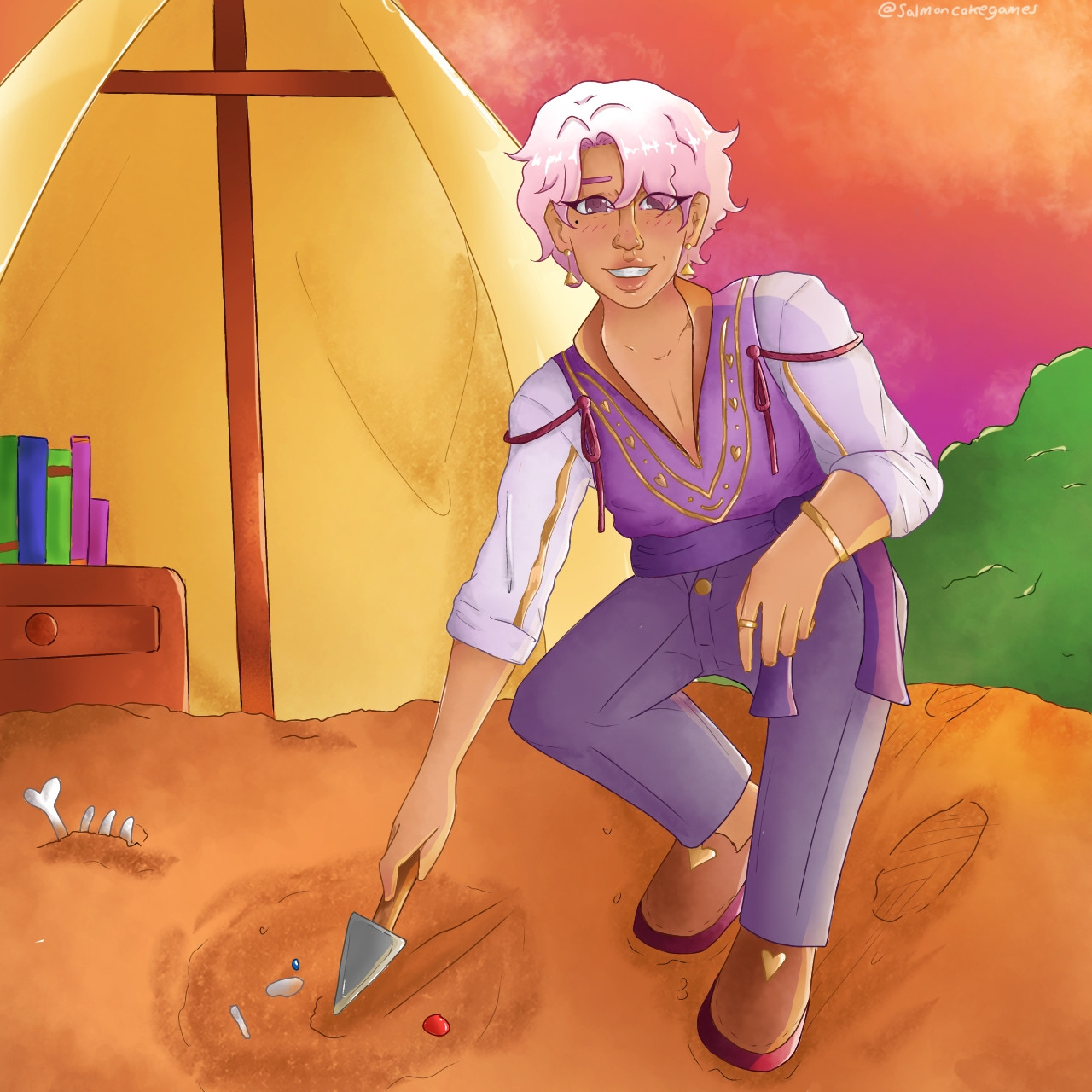 Fanart of Eiland from Fields of Mistria, digging up some artefacts at the dig site