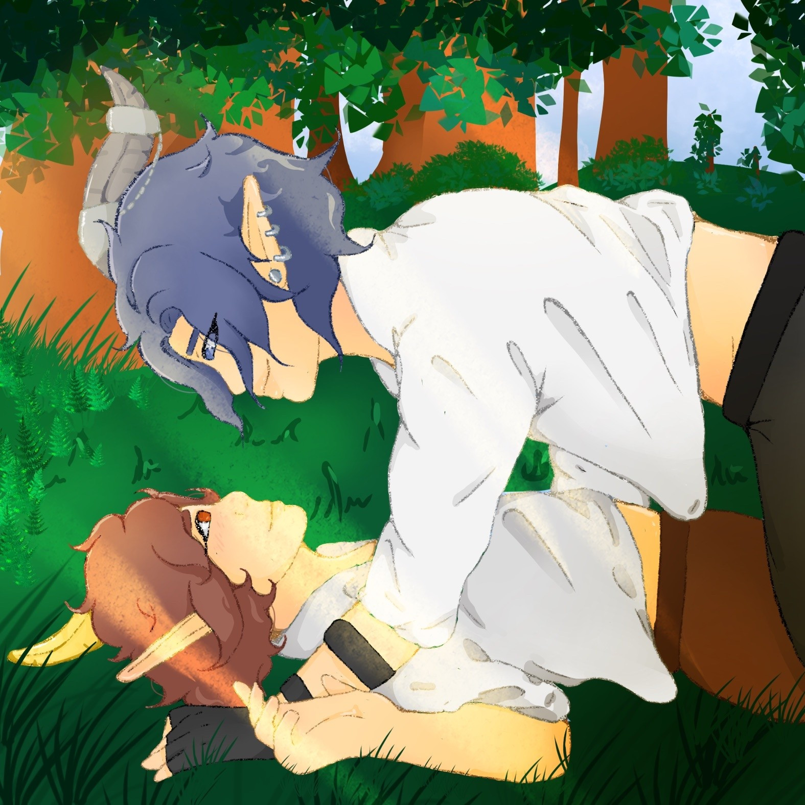 Art of two OC's laying in the grass in Elwynn Forest. Athan (my OC) is laying on the ground, looking up lovingly to his boyfriend Dillath (my friends' OC)
