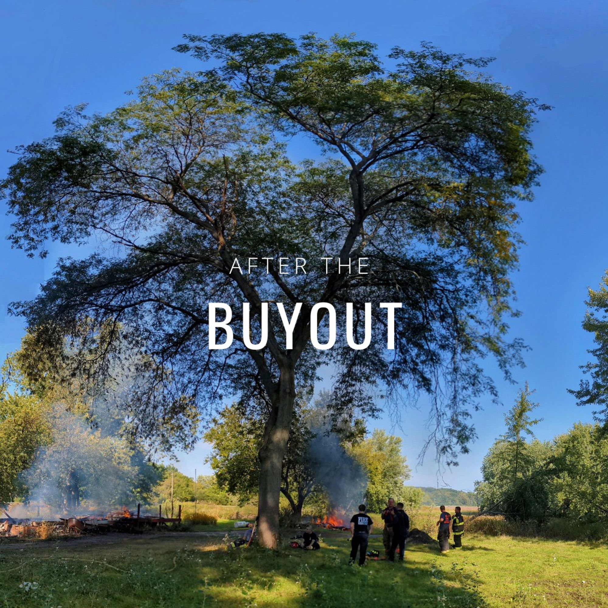 A tree with blue sky, the smoldering base of a house to the left, a group of firefighters to the right. Smoke rising.