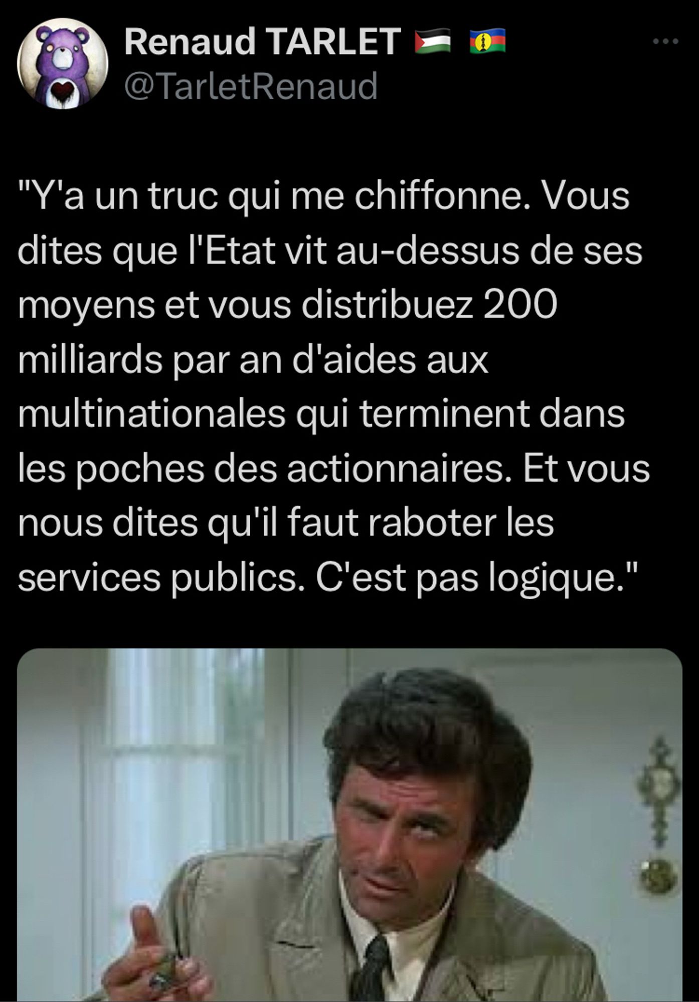 Une photo de l’inspecteur Columbo qui dit : Y'a un truc qui me chiffonne. Vous dites que l'Etat vit au-dessus de ses moyens et vous distribuez 200 milliards par an d'aides aux multinationales qui terminent dans les poches des actionnaires. Et vous nous dites qu'il faut raboter les services publics. C'est pas logique.