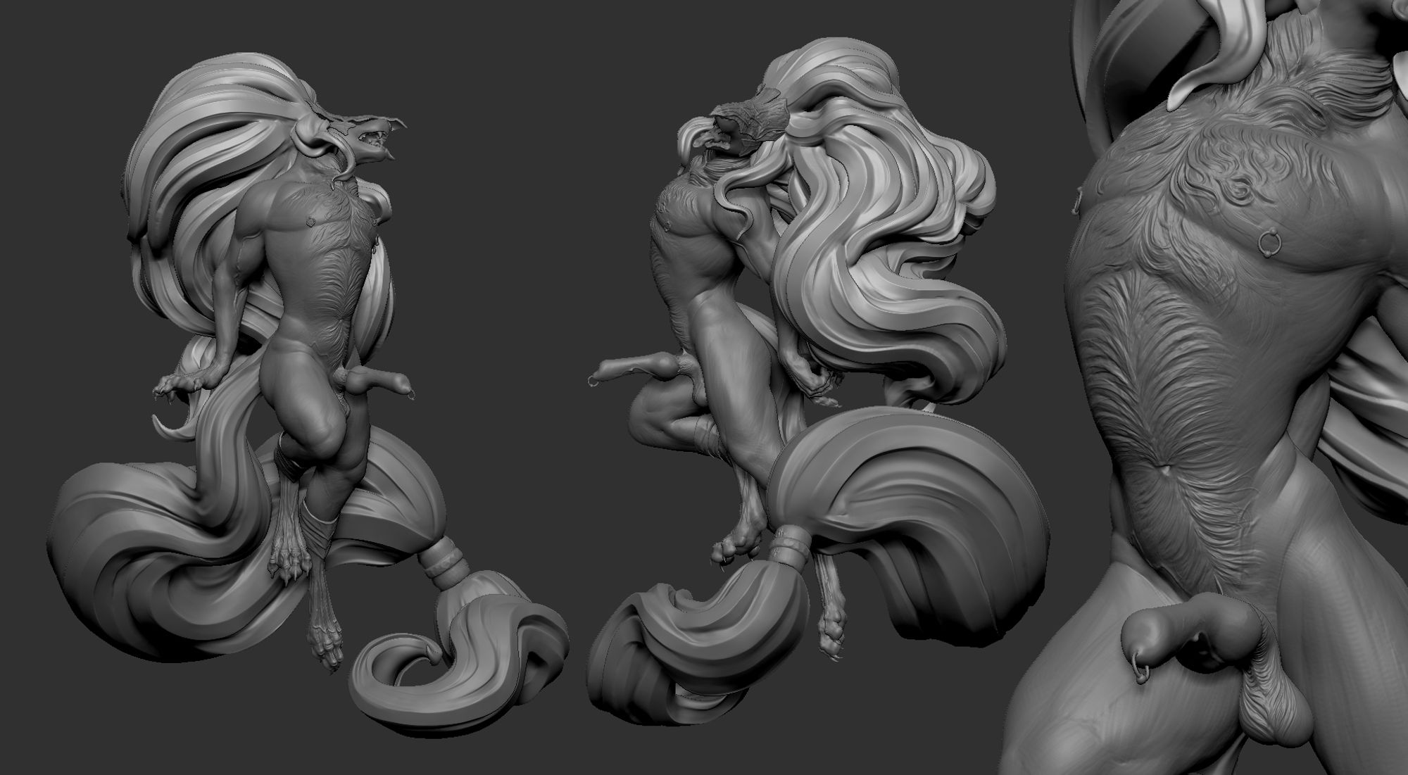 3 views of a 3D Digital Sculpt of "Maliketh the Black Blade" from "Elden Ring". He is pictures with arms behind his back, fully erect, and his mane & tail flowing around him. Done in ZBrush2023. #nsfwart #nsfw #furry #art #3dModel #3dcharacter #furryart